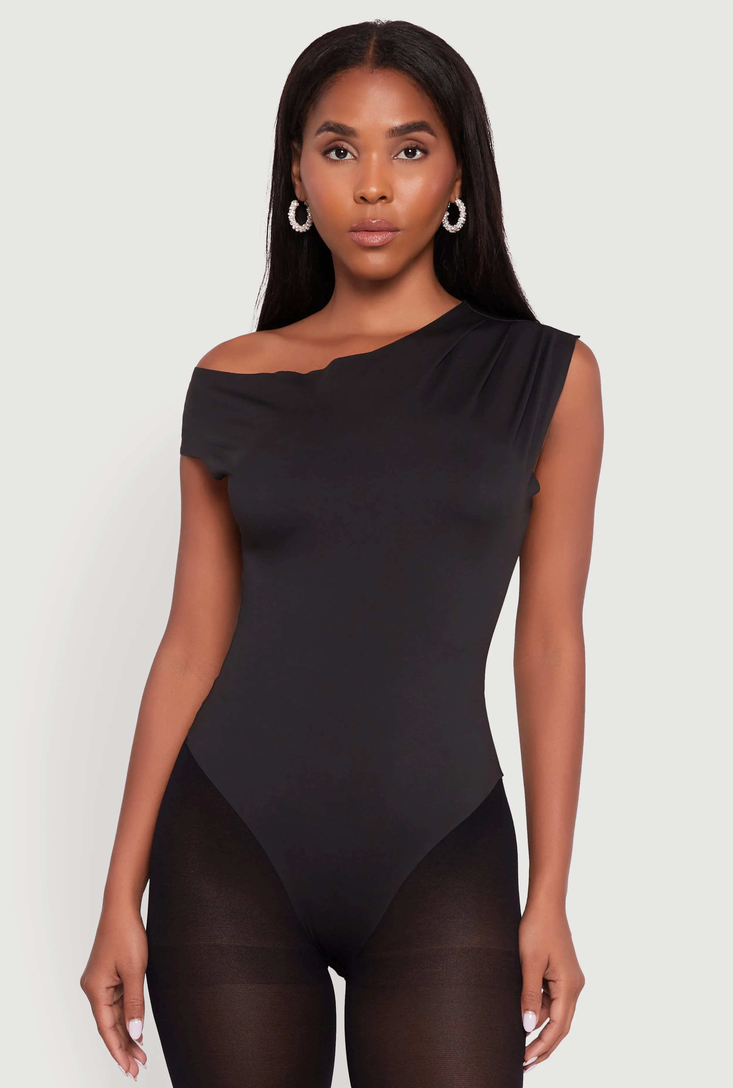 Trendy Asymmetrical Shoulder Ruched Bodysuit sold by Rainbow product image thumbnail 2