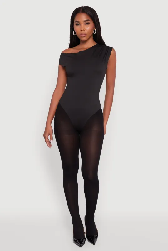 Trendy Asymmetrical Shoulder Ruched Bodysuit made by Rainbow