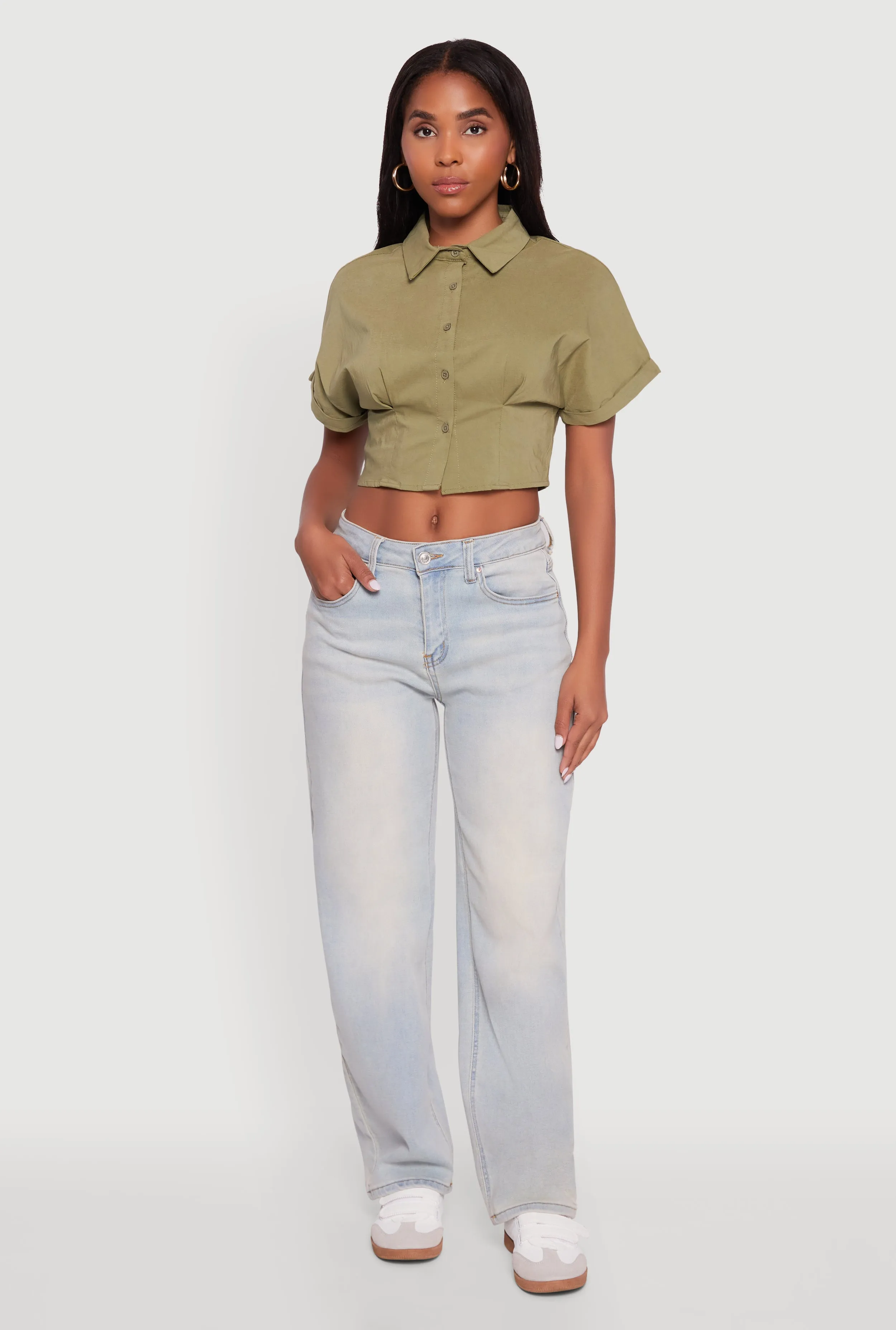 Fixed Cuff Cropped Button Front Shirt sold by Rainbow