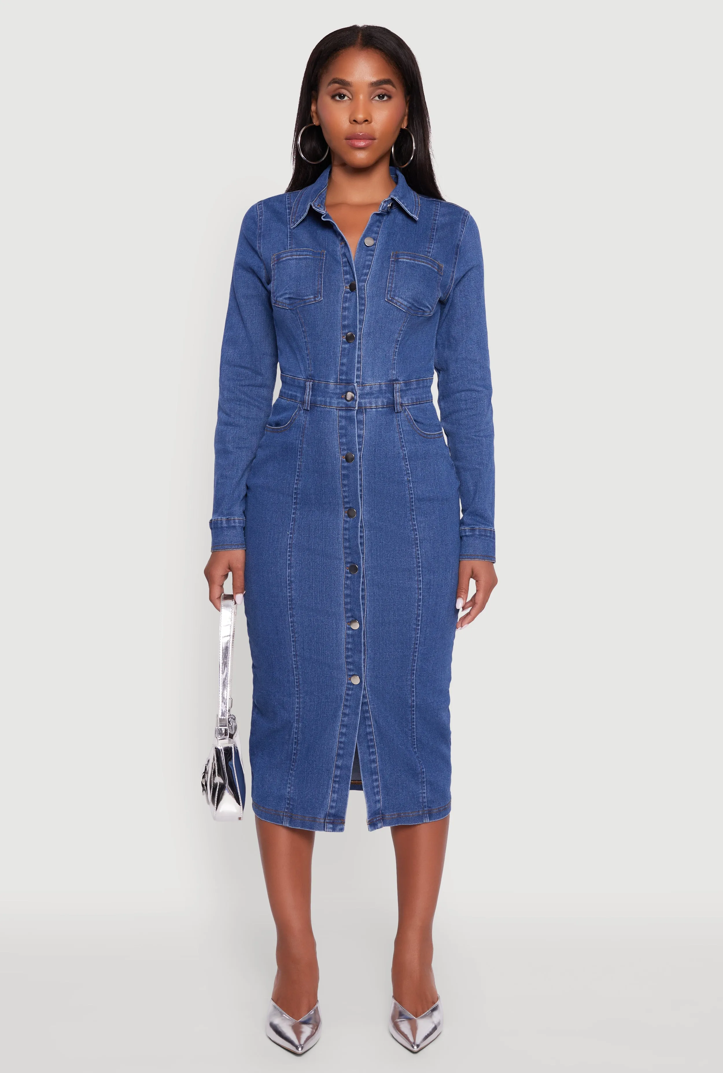 Denim Button Front Long Sleeve Shirt Dress sold by Rainbow product image thumbnail 2