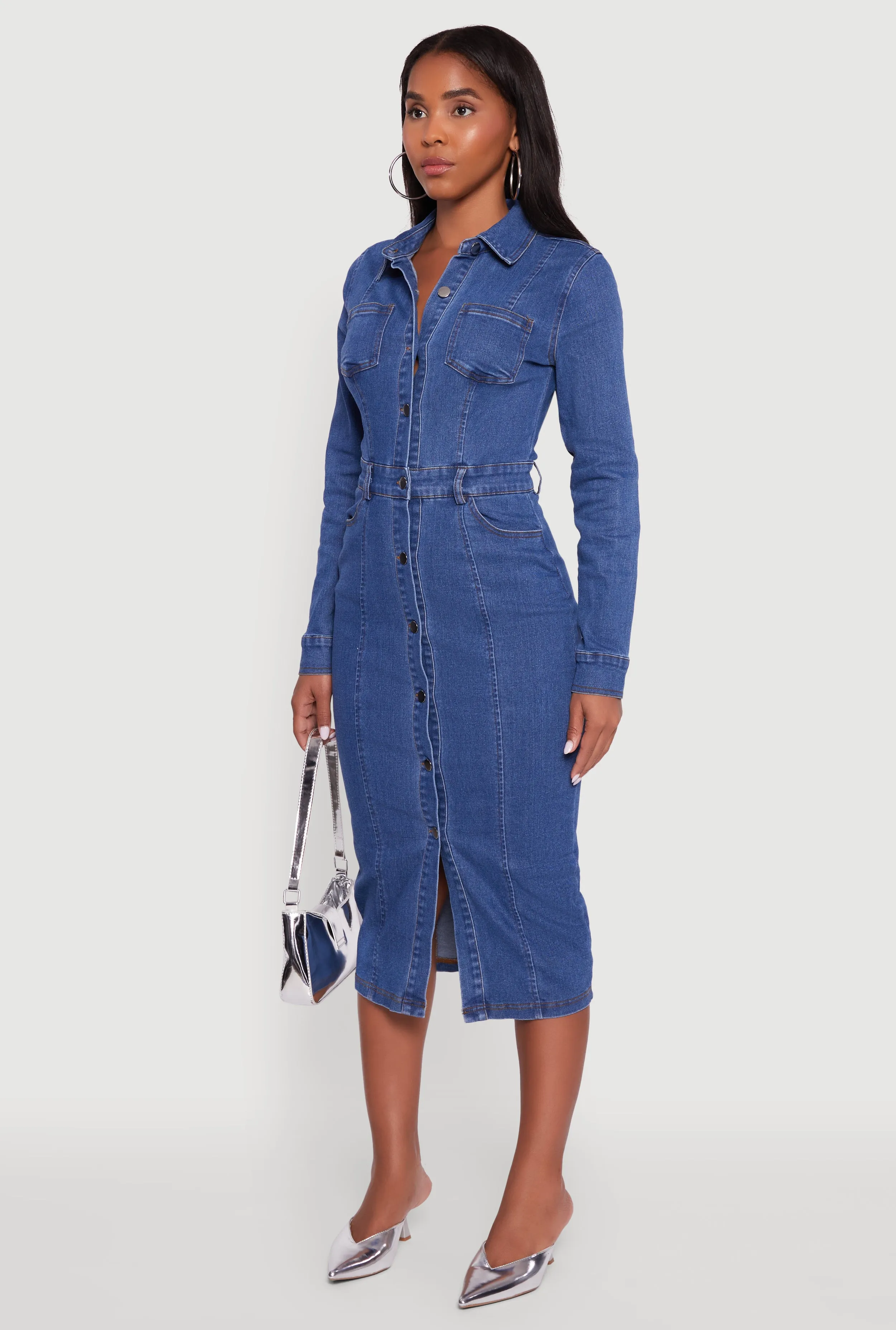 Denim Button Front Long Sleeve Shirt Dress sold by Rainbow product image thumbnail 3