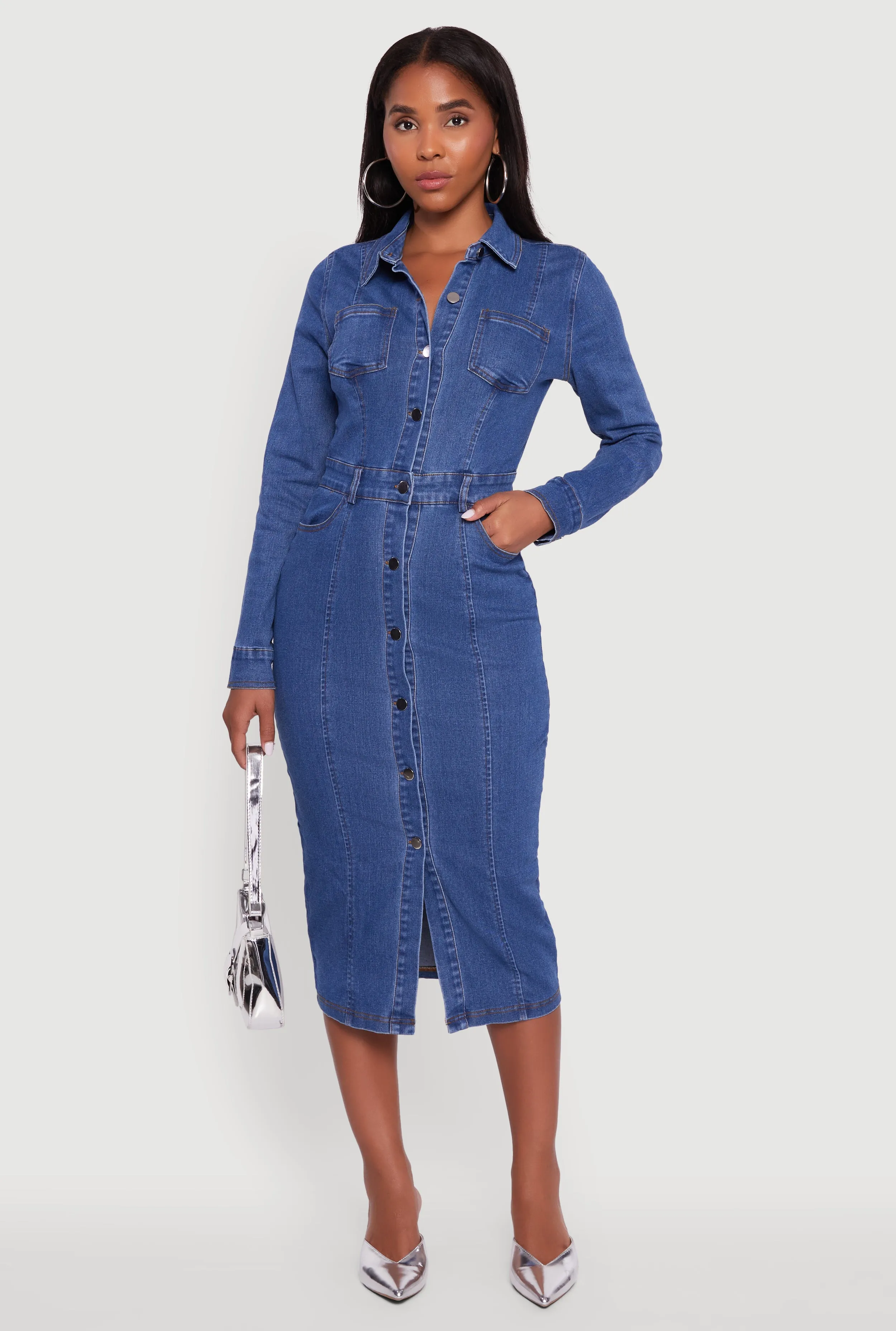 Denim Button Front Long Sleeve Shirt Dress sold by Rainbow