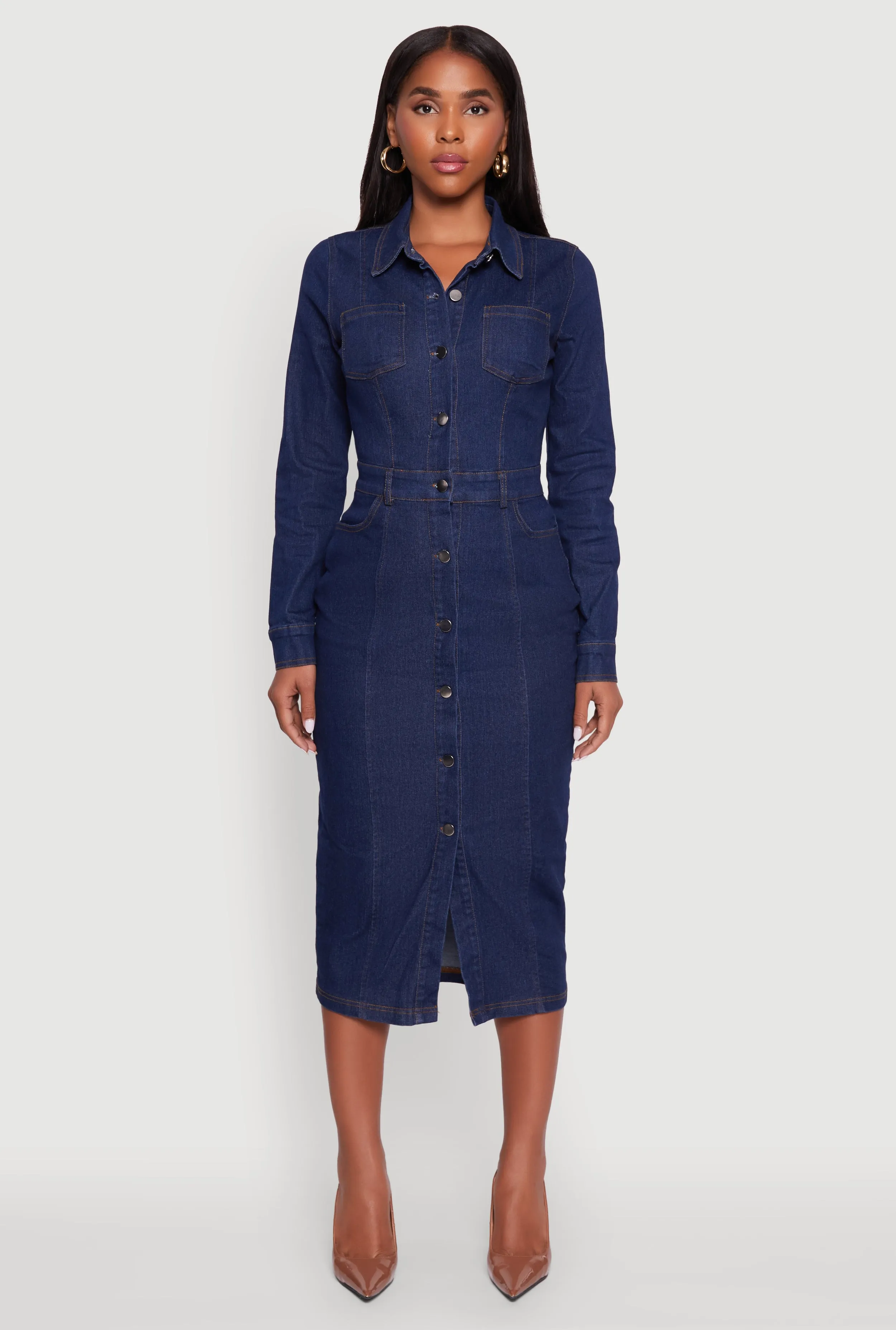 Denim Button Front Long Sleeve Shirt Dress sold by Rainbow product image thumbnail 2