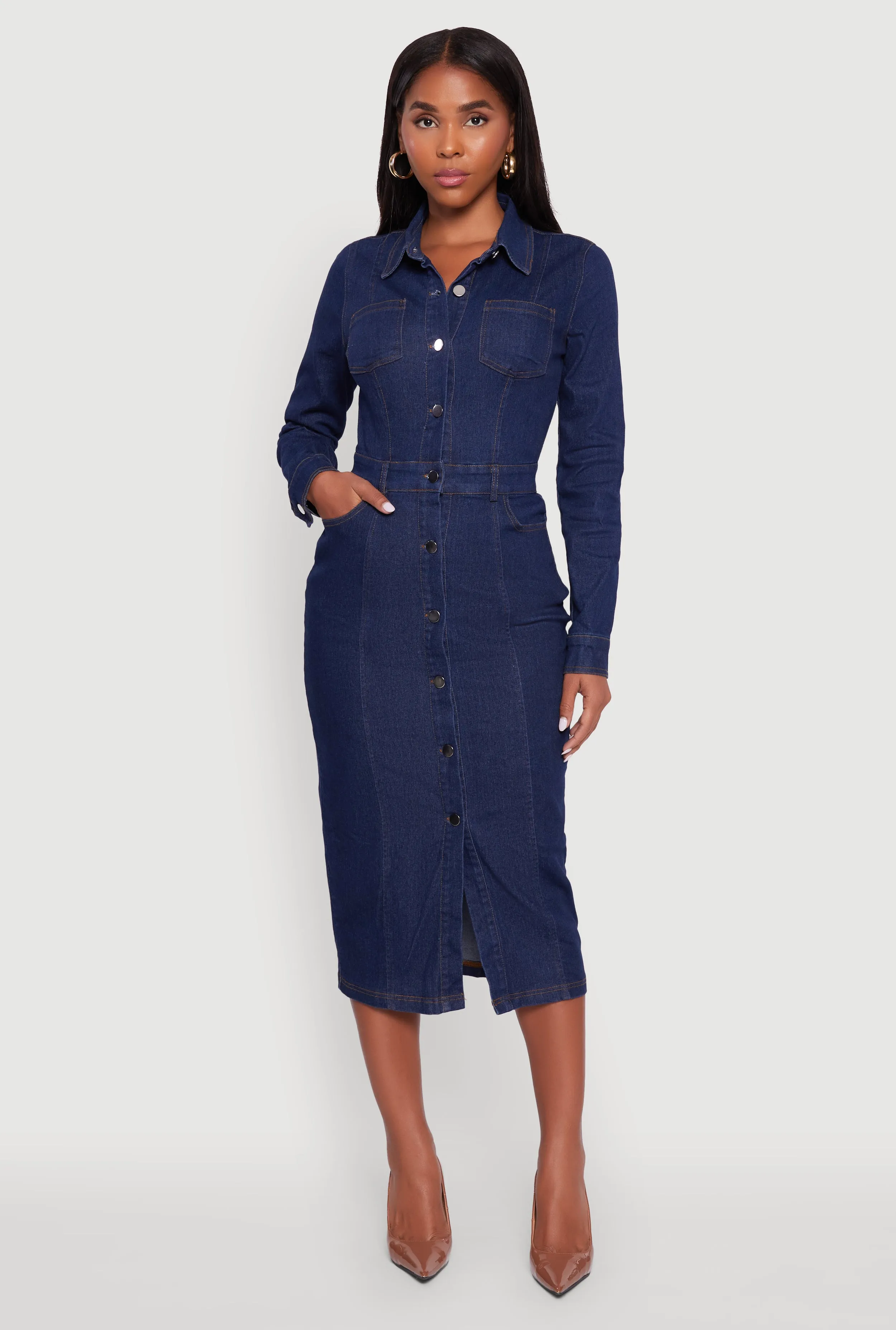 Denim Button Front Long Sleeve Shirt Dress sold by Rainbow