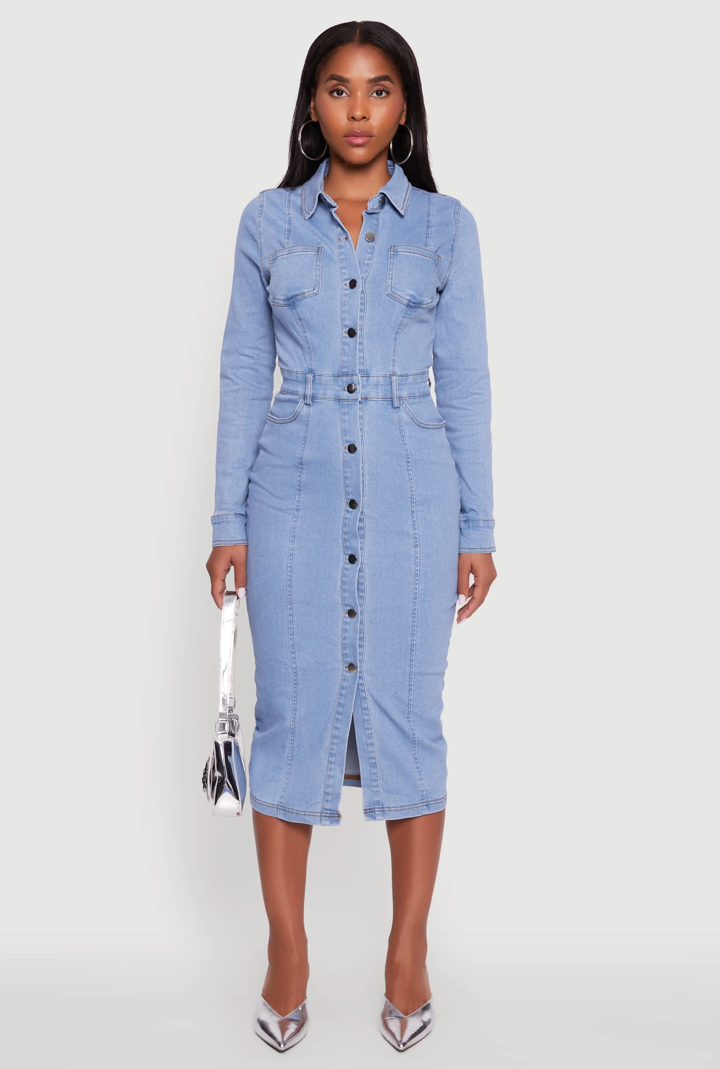 Denim Button Front Long Sleeve Shirt Dress sold by Rainbow product image thumbnail 2
