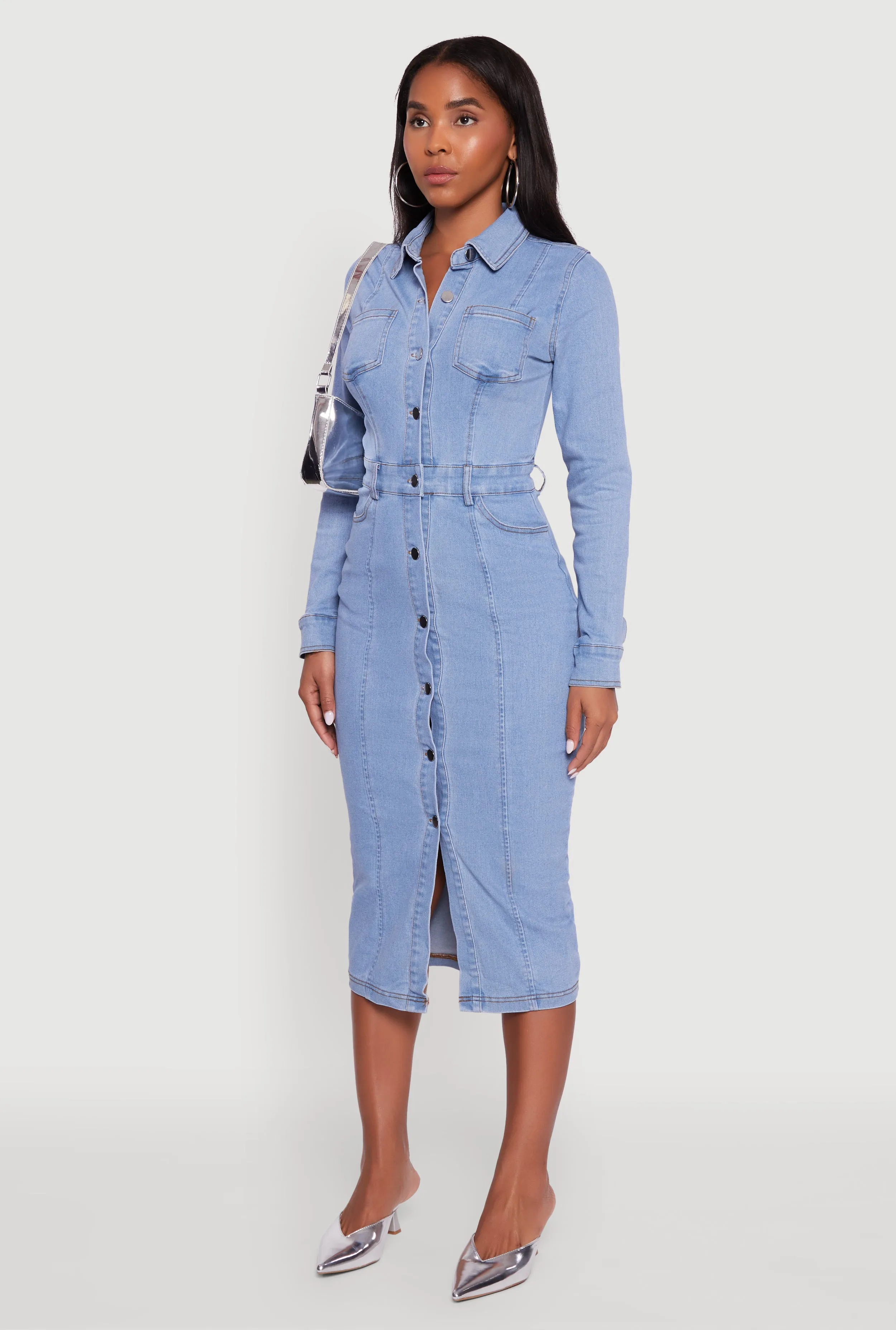 Denim Button Front Long Sleeve Shirt Dress sold by Rainbow product image thumbnail 3