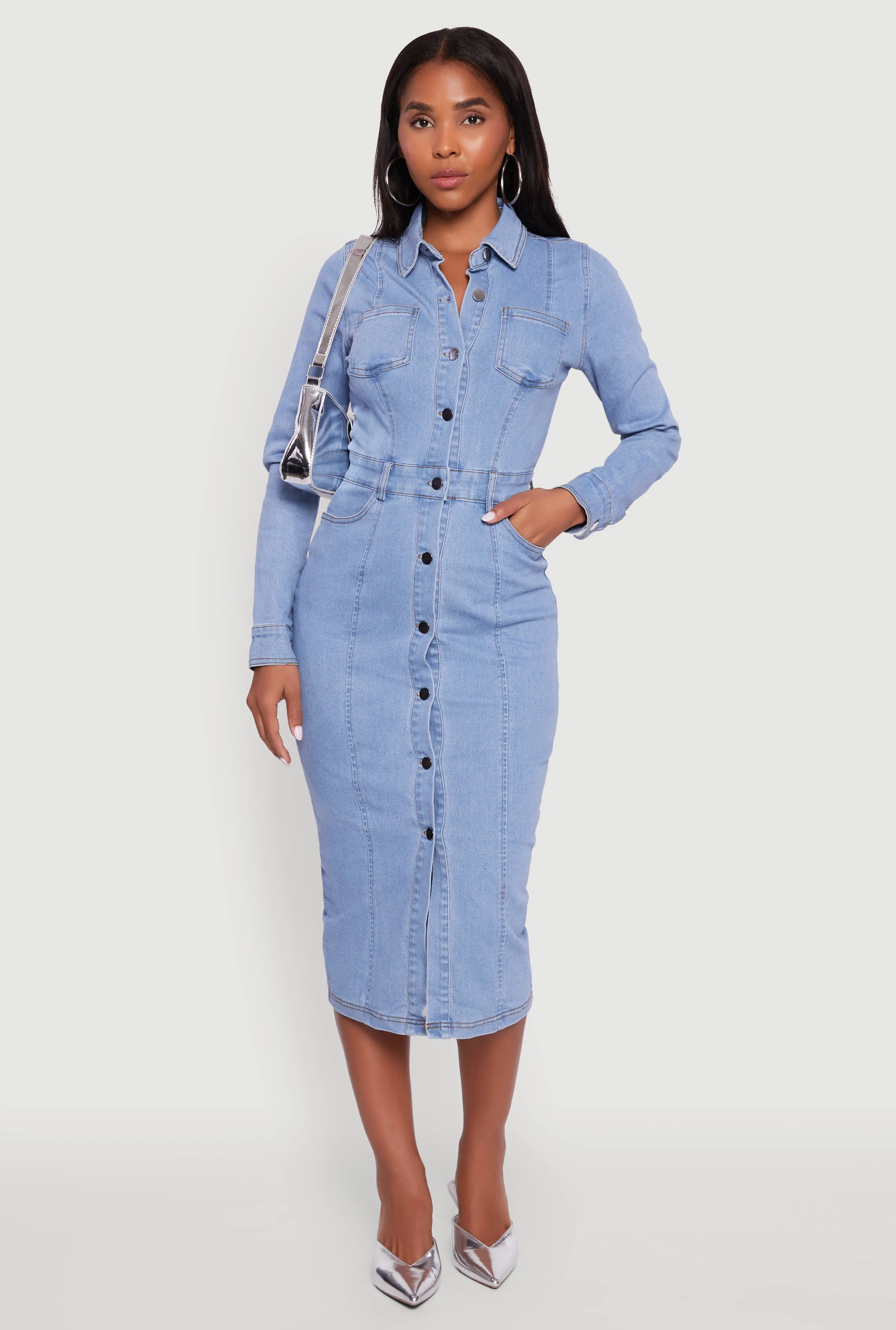 Denim Button Front Long Sleeve Shirt Dress sold by Rainbow