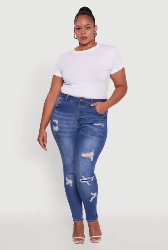 Plus Size WAX Distressed High Waisted Skinny Jeans sold by Rainbow
