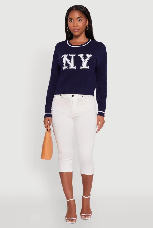 Cropped Cable Knit New York Patch Graphic Sweater sold by Rainbow