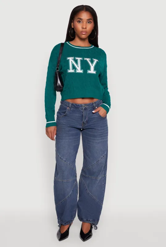 Cropped Cable Knit New York Patch Graphic Sweater sold by Rainbow