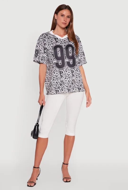 V-Neck Patterned 99 Graphic Print Jersey sold by Rainbow