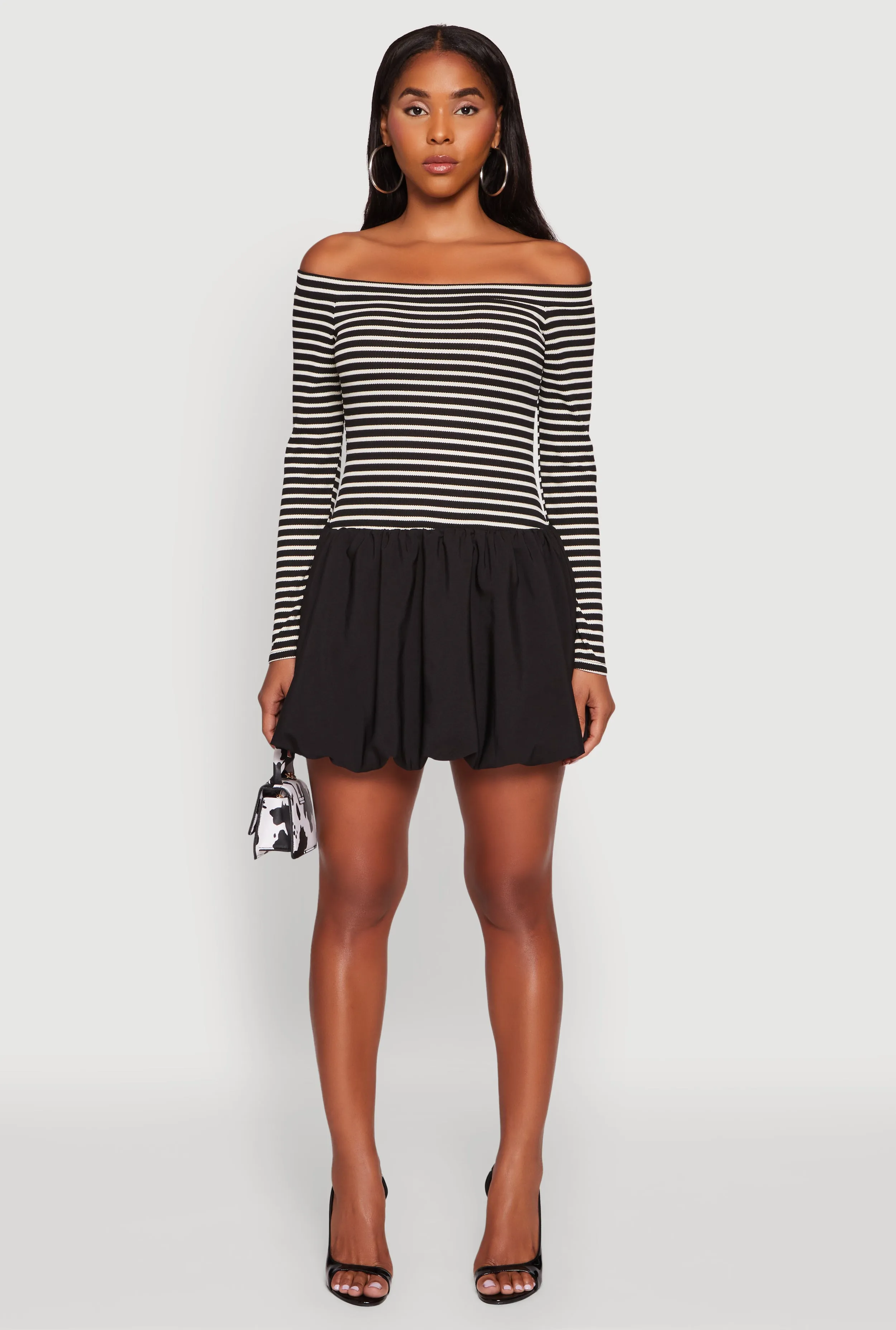 Striped Off The Shoulder Long Sleeve Bubble Hem Dress sold by Rainbow