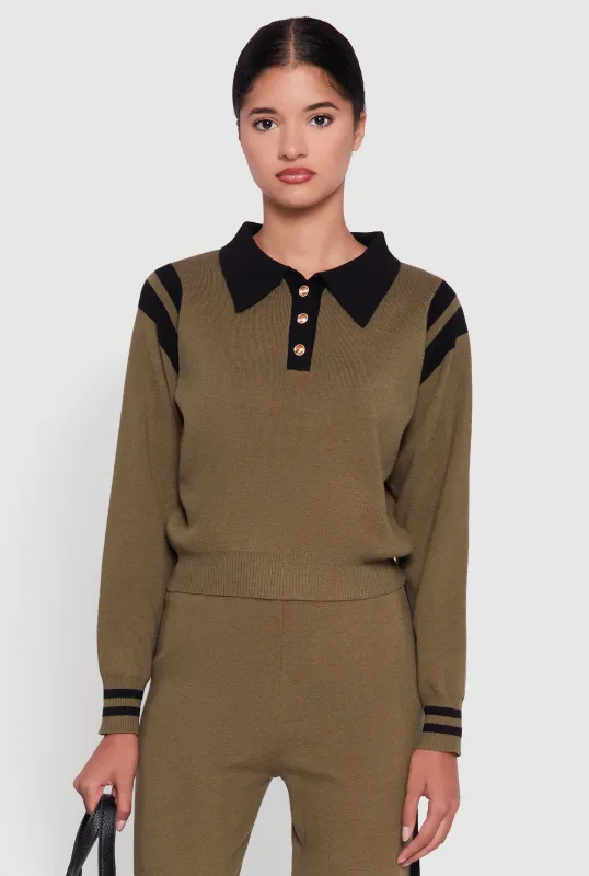 Polo Collar Sweater with Varsity Stripes sold by Rainbow