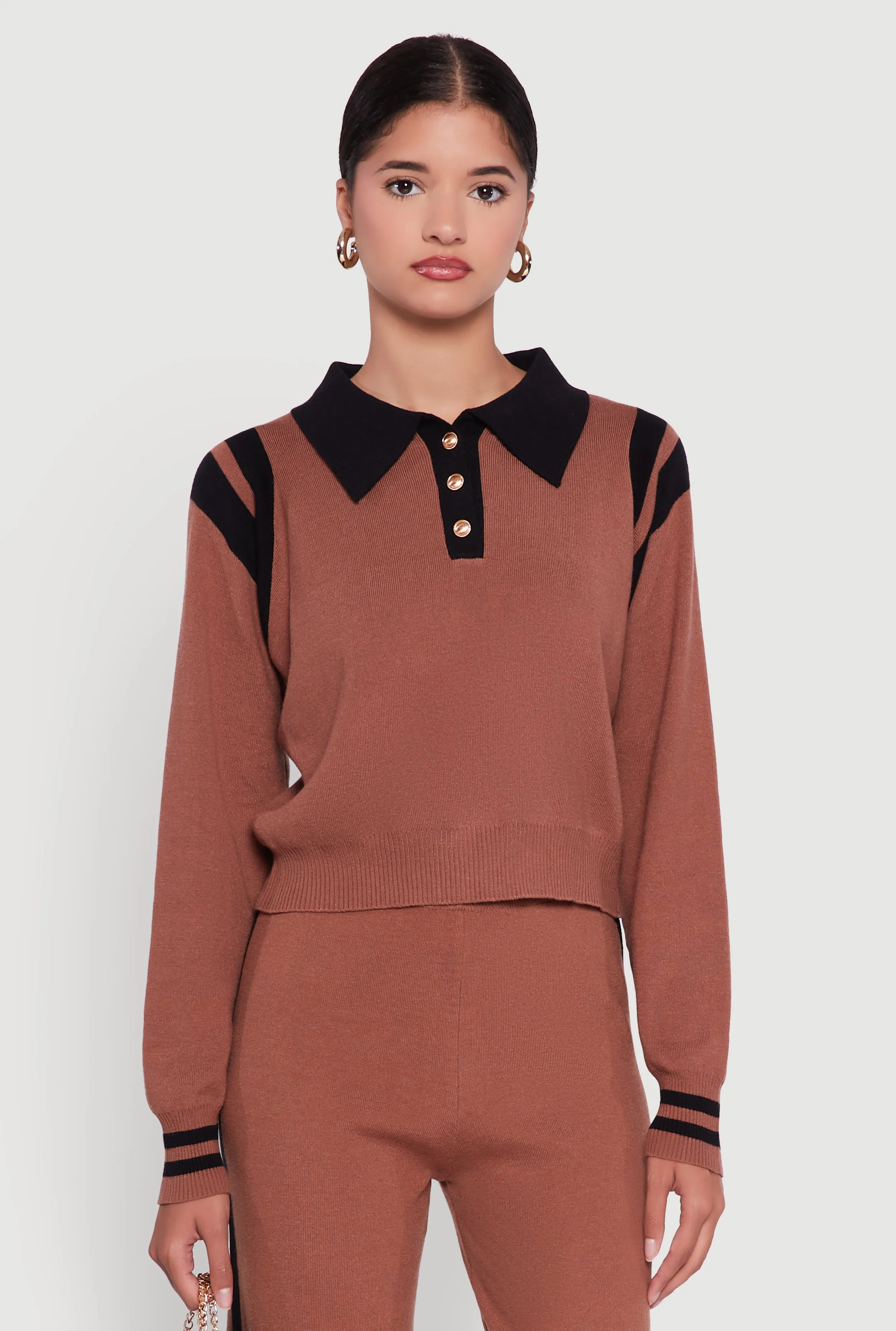 Polo Collar Sweater with Varsity Stripes sold by Rainbow