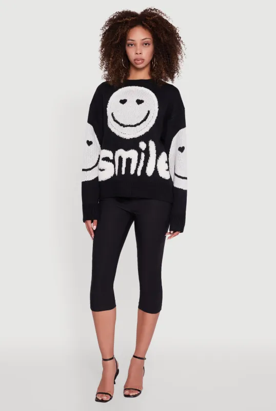 Tufted Knit Smiley Graphic Pullover Sweater sold by Rainbow