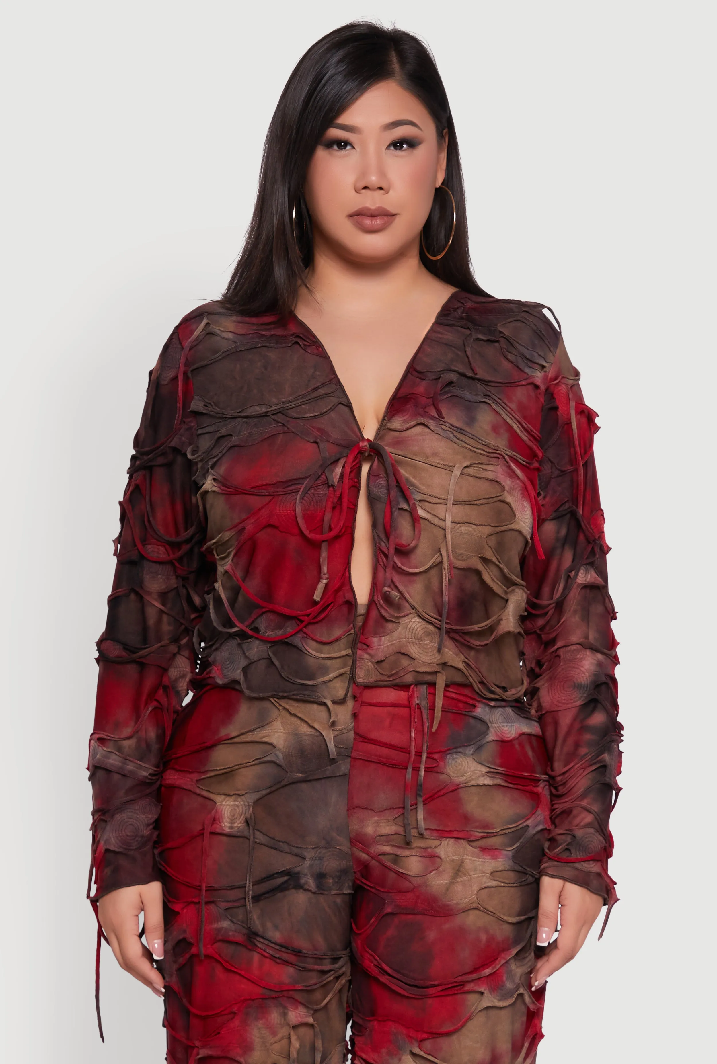 Plus Size Tie Dye Slashed Tie Front Top sold by Rainbow