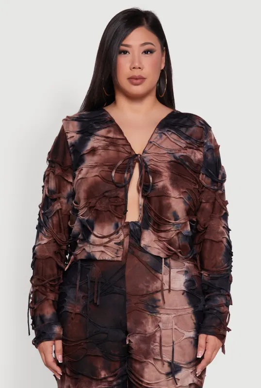 Plus Size Tie Dye Slashed Tie Front Top sold by Rainbow