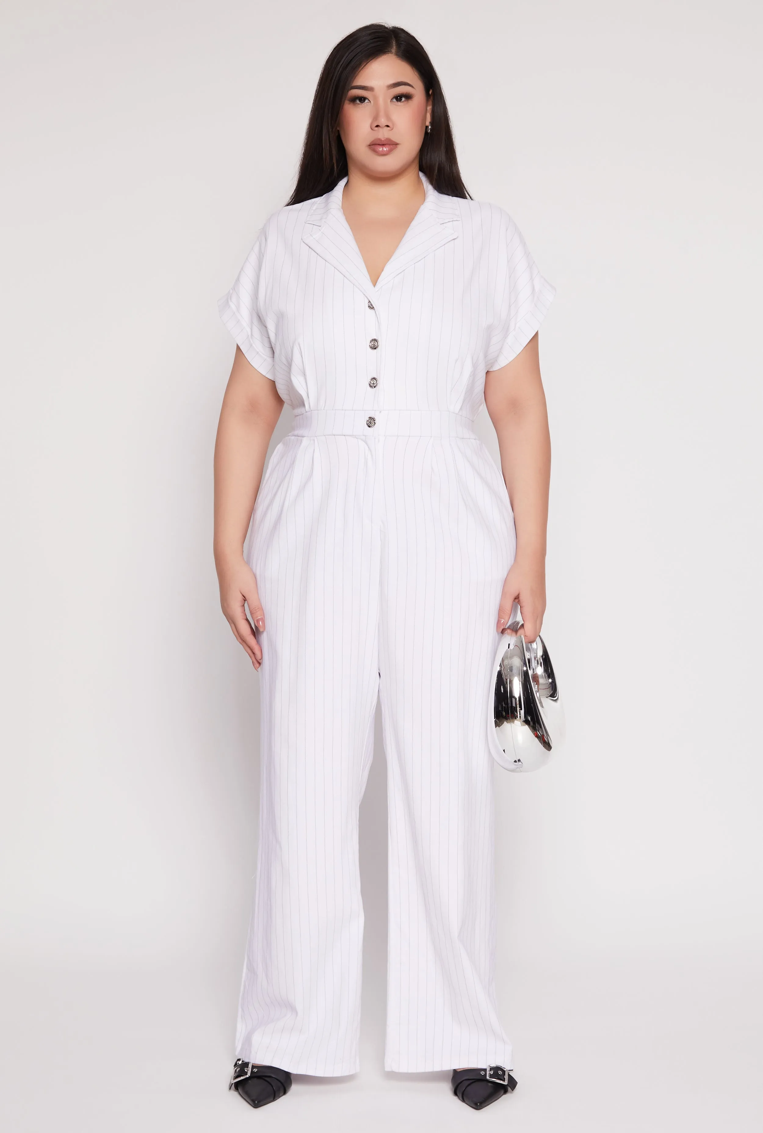 Plus Size Pinstripe Wide Leg Jumpsuit sold by Rainbow