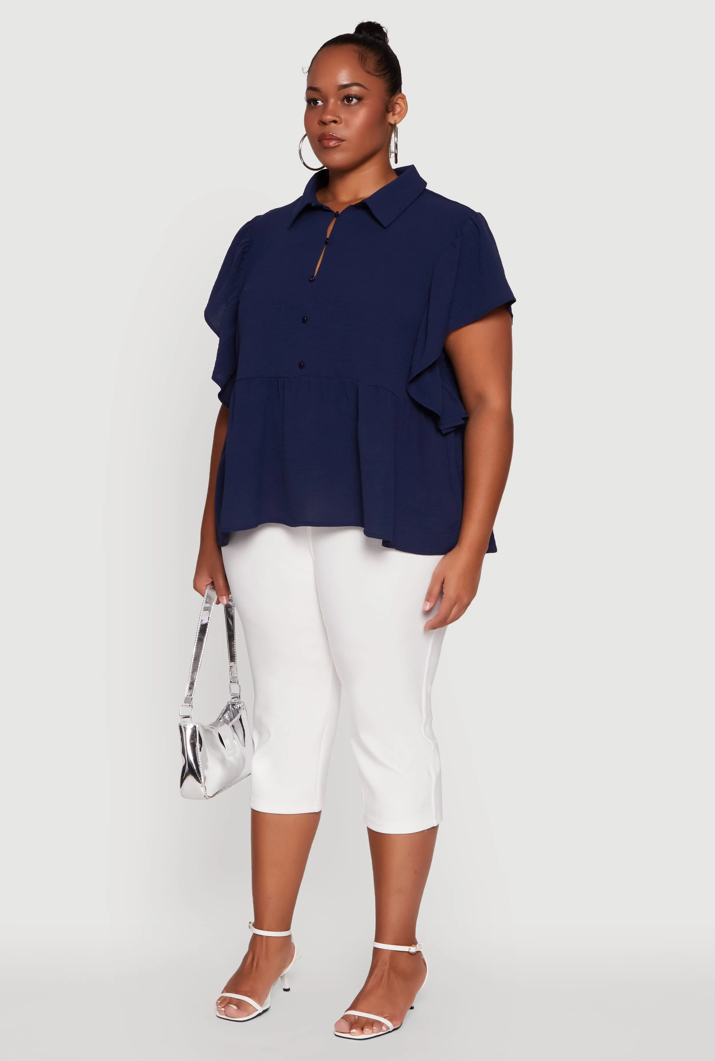 Plus Size Crepe Knit Button Front Peplum Blouse sold by Rainbow product image thumbnail 5