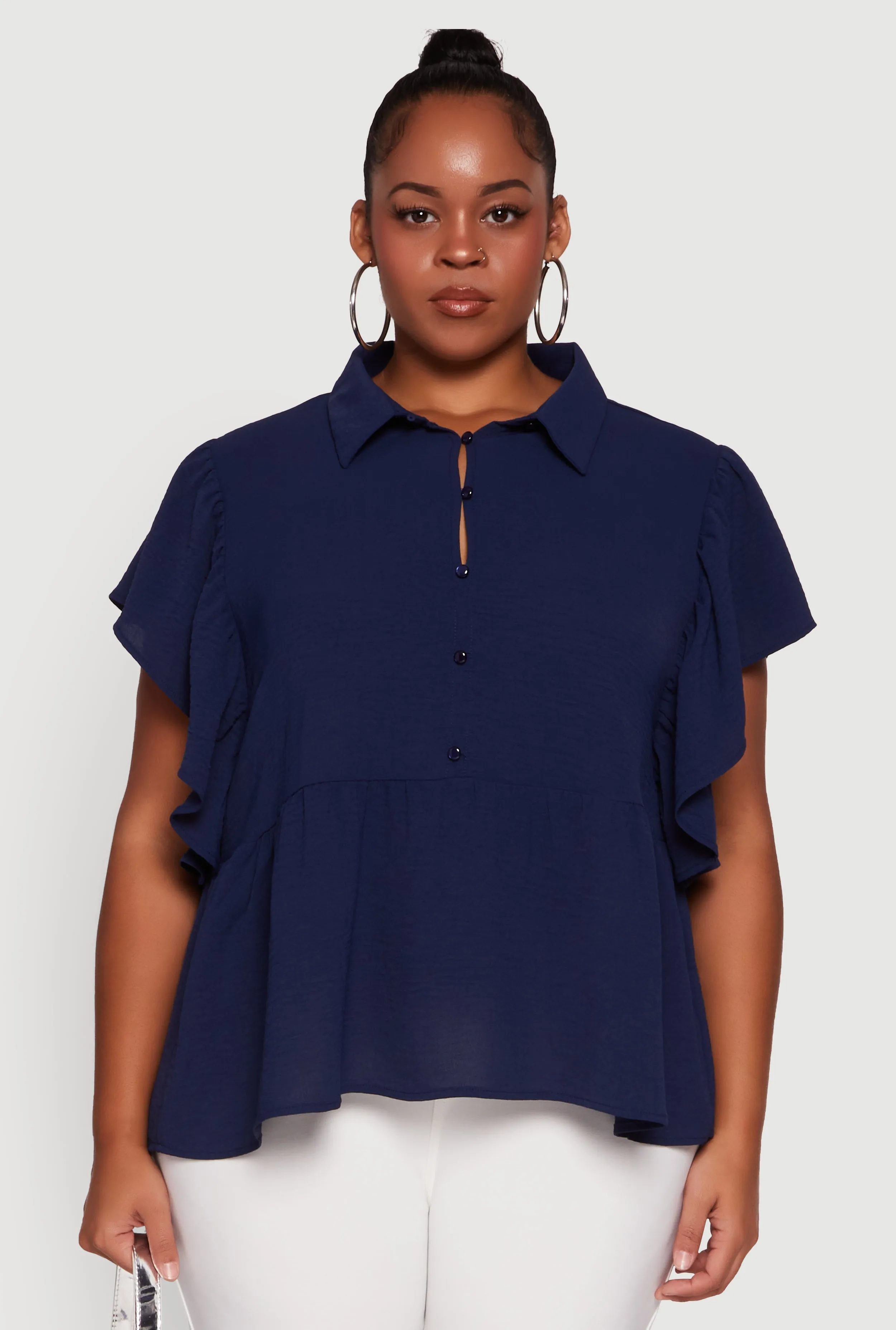 Plus Size Crepe Knit Button Front Peplum Blouse sold by Rainbow product image thumbnail 2