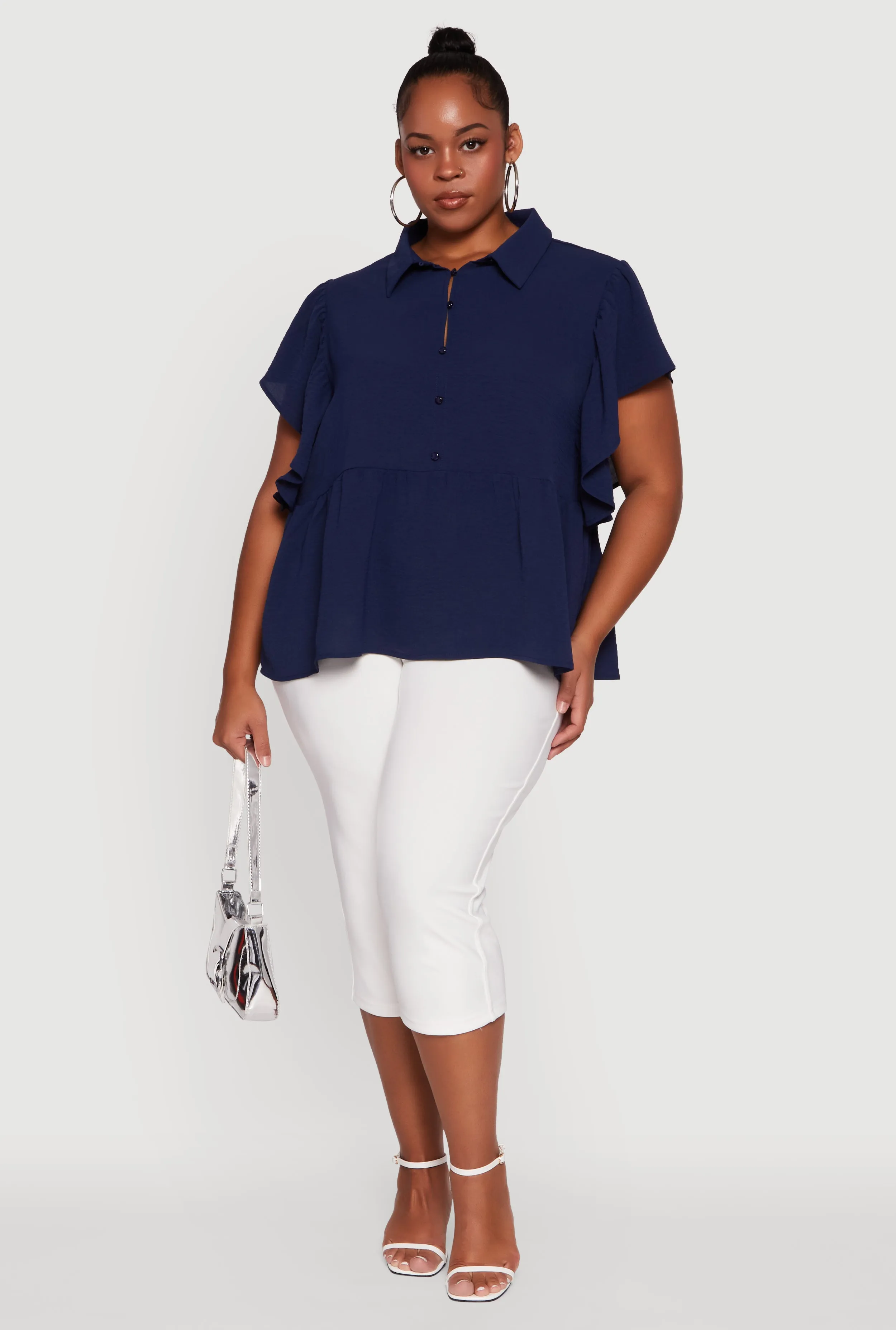 Plus Size Crepe Knit Button Front Peplum Blouse sold by Rainbow