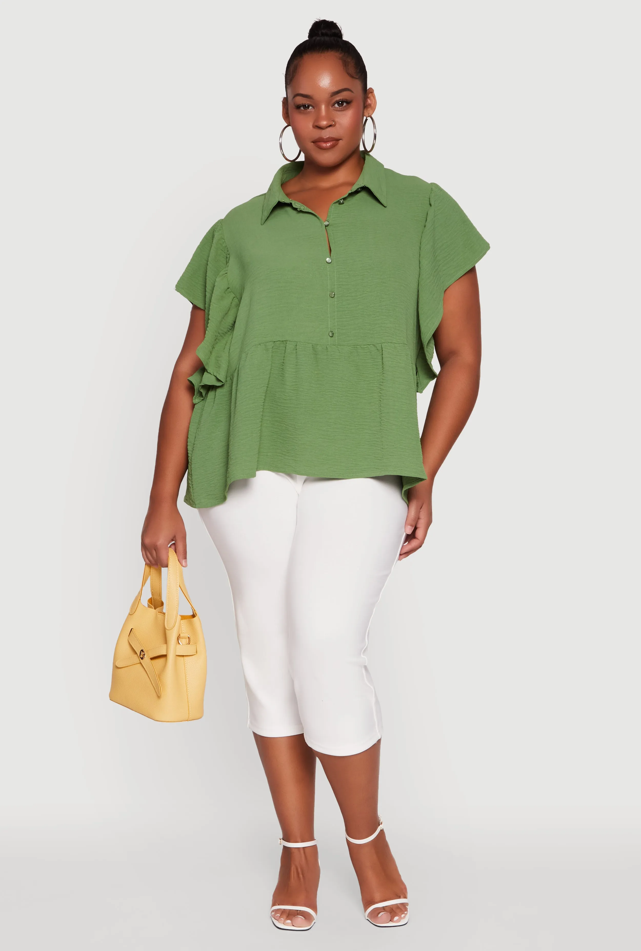 Plus Size Crepe Knit Button Front Peplum Blouse sold by Rainbow