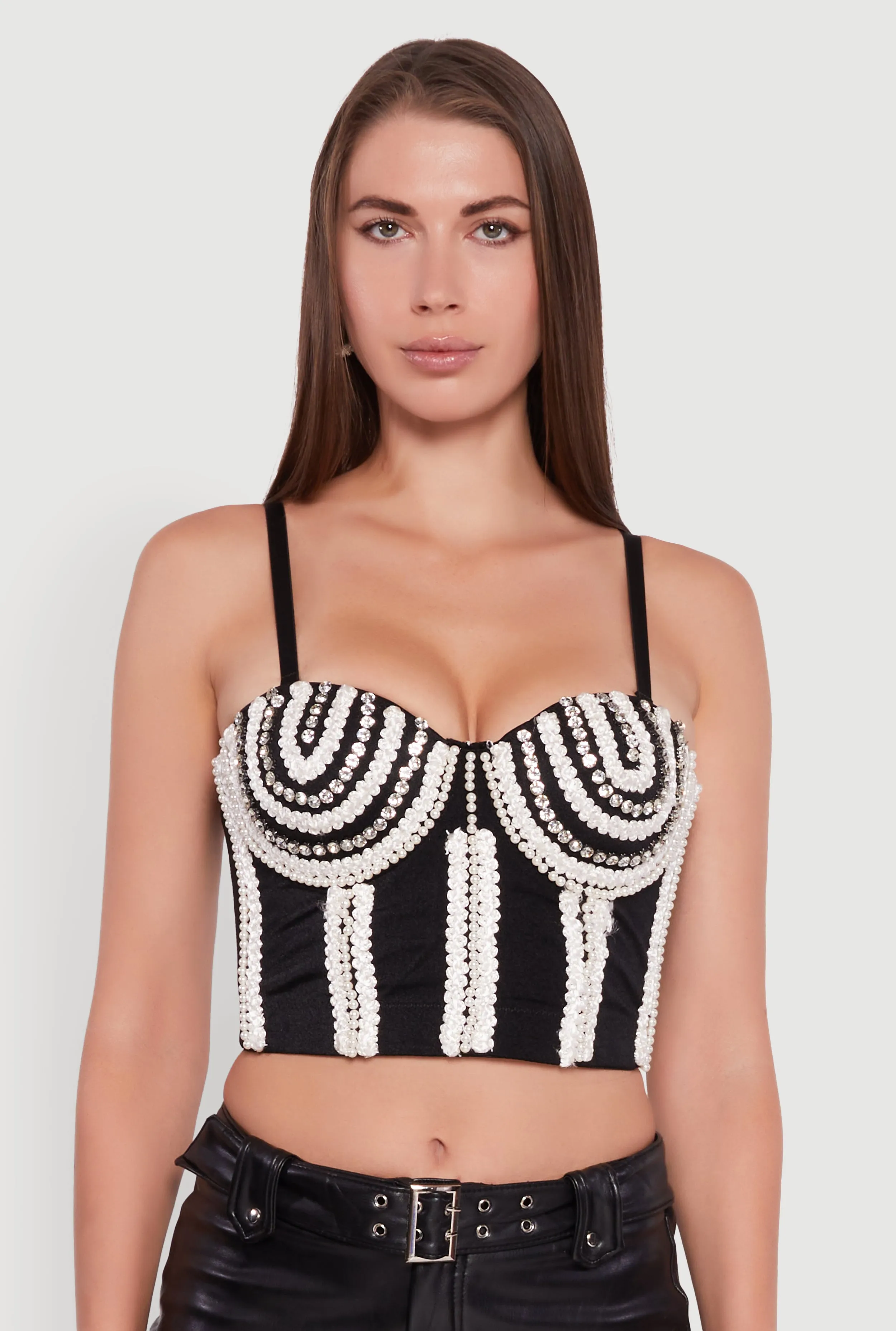 Cropped Rhinestone and Faux Pearl Detail Convertible Bustier sold by Rainbow product image thumbnail 2