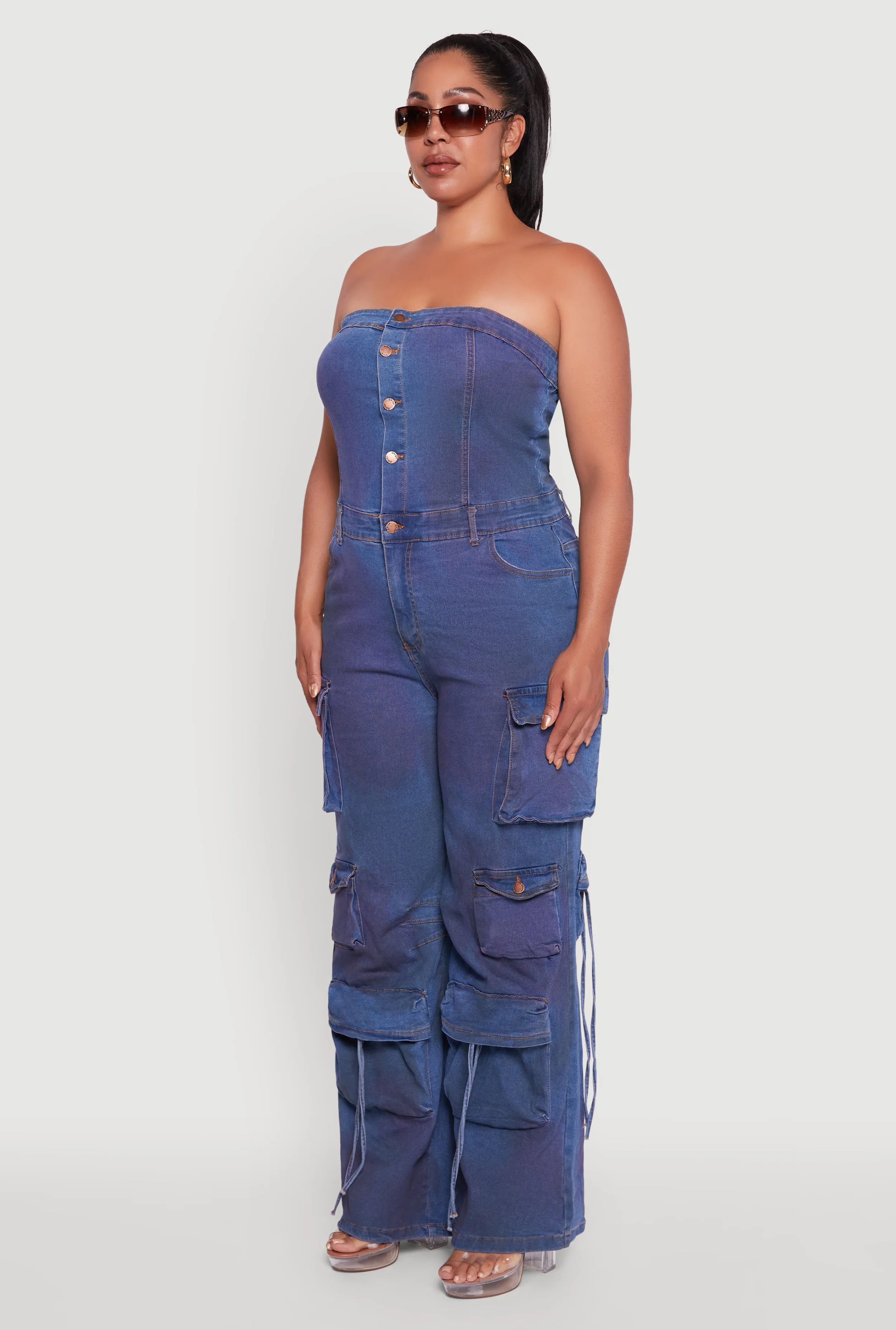 Plus Size Button Front Wide Leg Cargo Pocket Jumpsuit sold by Rainbow product image thumbnail 3