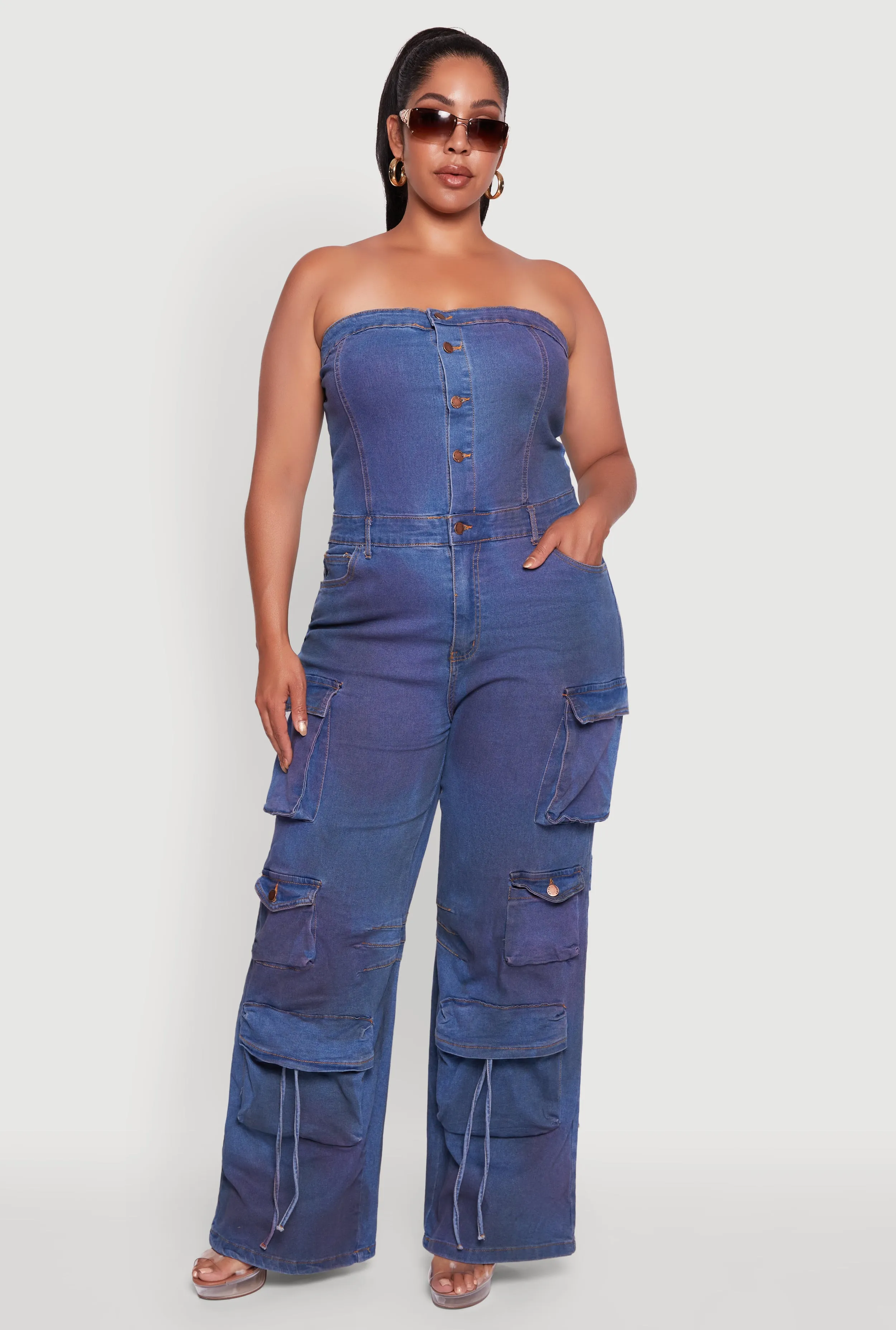 Plus Size Button Front Wide Leg Cargo Pocket Jumpsuit sold by Rainbow