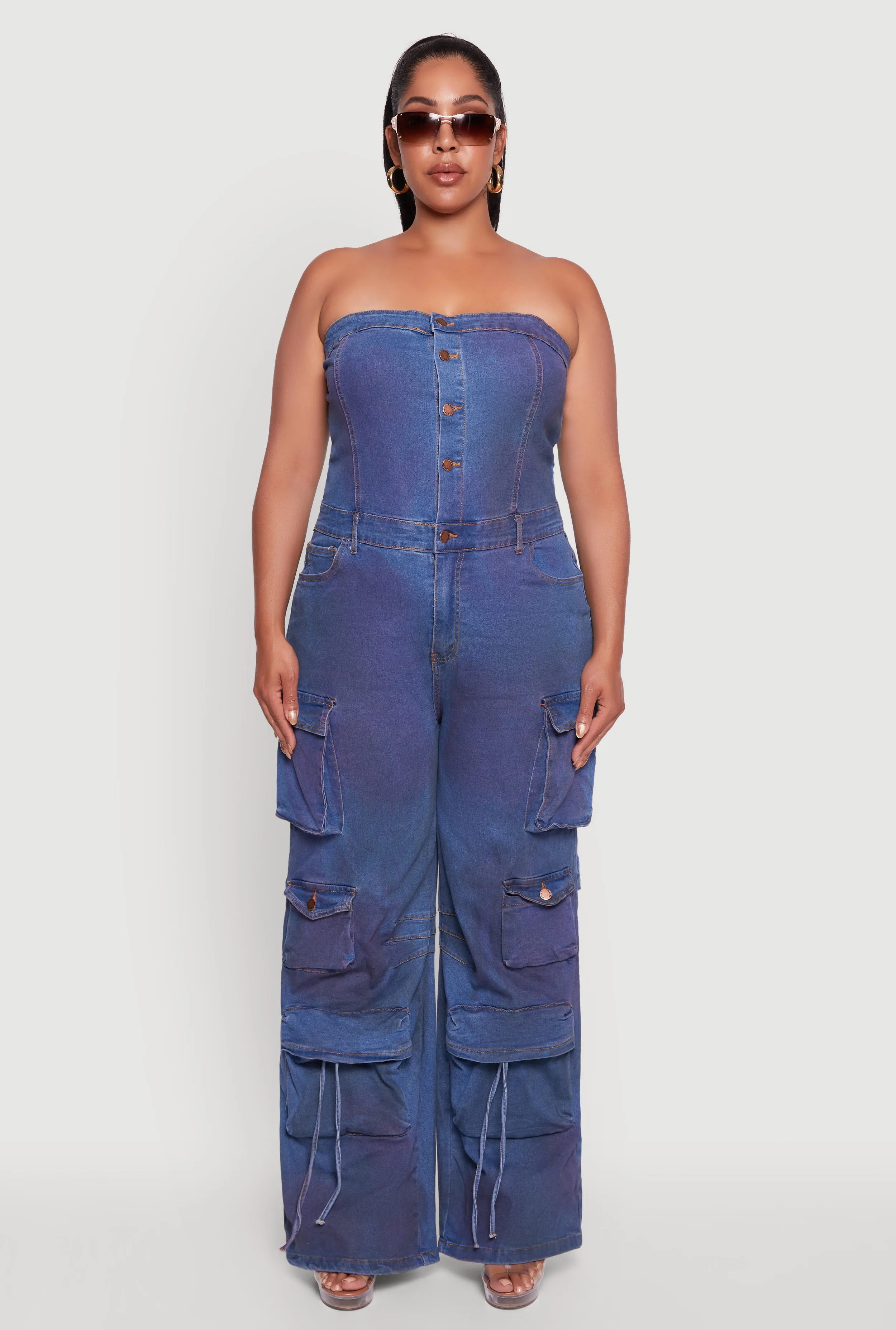 Plus Size Button Front Wide Leg Cargo Pocket Jumpsuit sold by Rainbow product image thumbnail 2