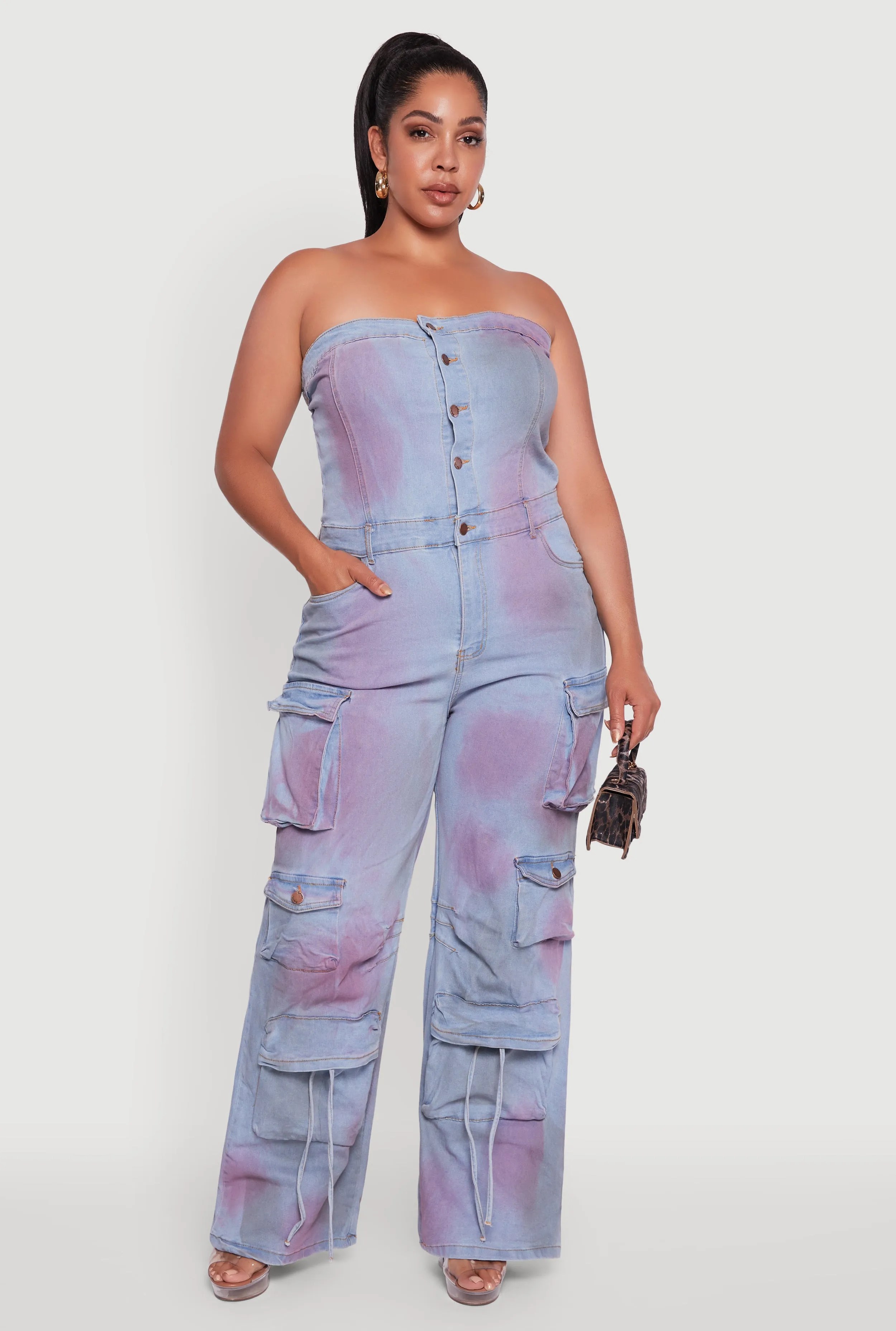 Plus Size Button Front Wide Leg Cargo Pocket Jumpsuit sold by Rainbow