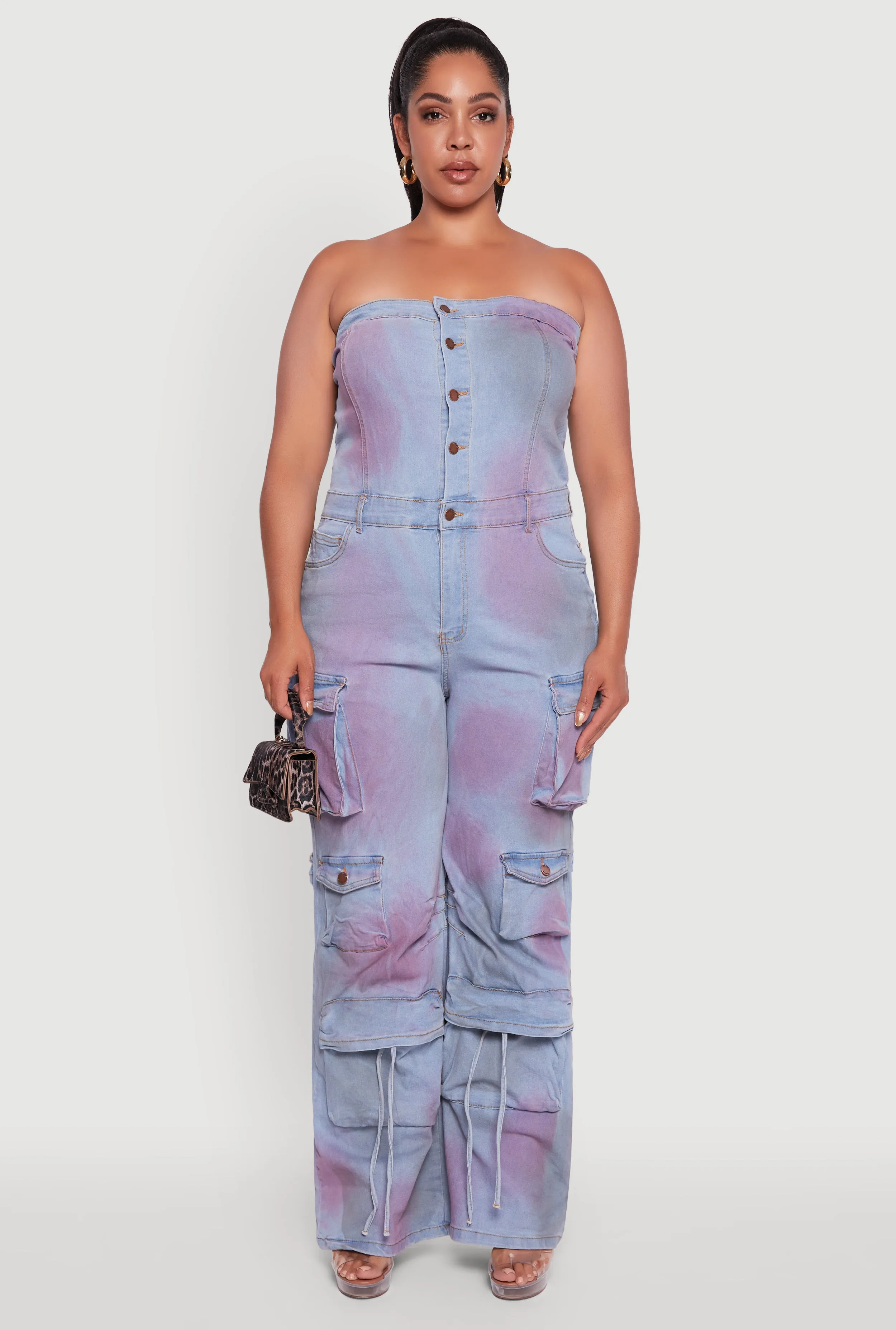 Plus Size Button Front Wide Leg Cargo Pocket Jumpsuit sold by Rainbow product image thumbnail 2