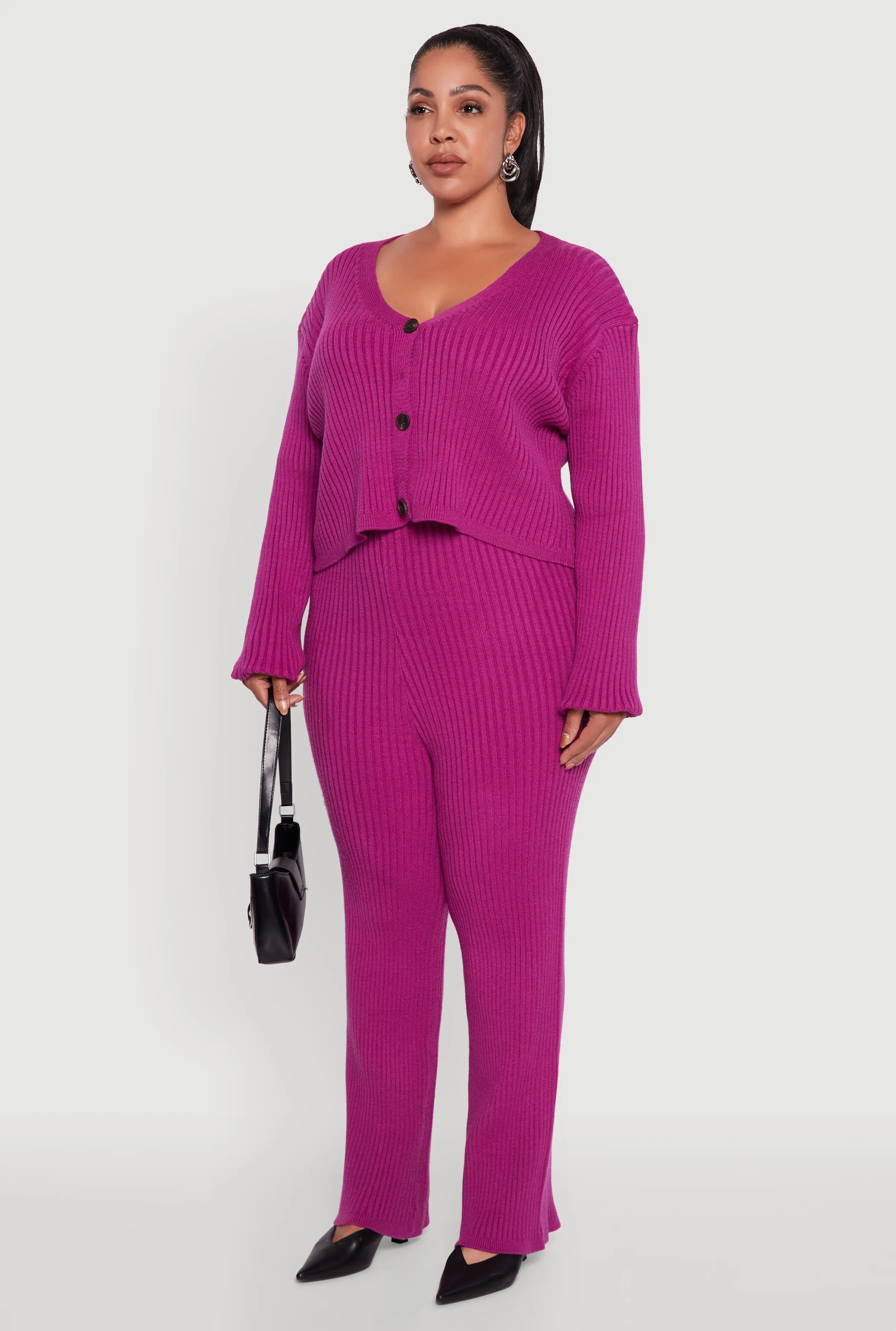 Plus Size Ribbed Knit V Neck Button Front Cardigan sold by Rainbow product image thumbnail 5