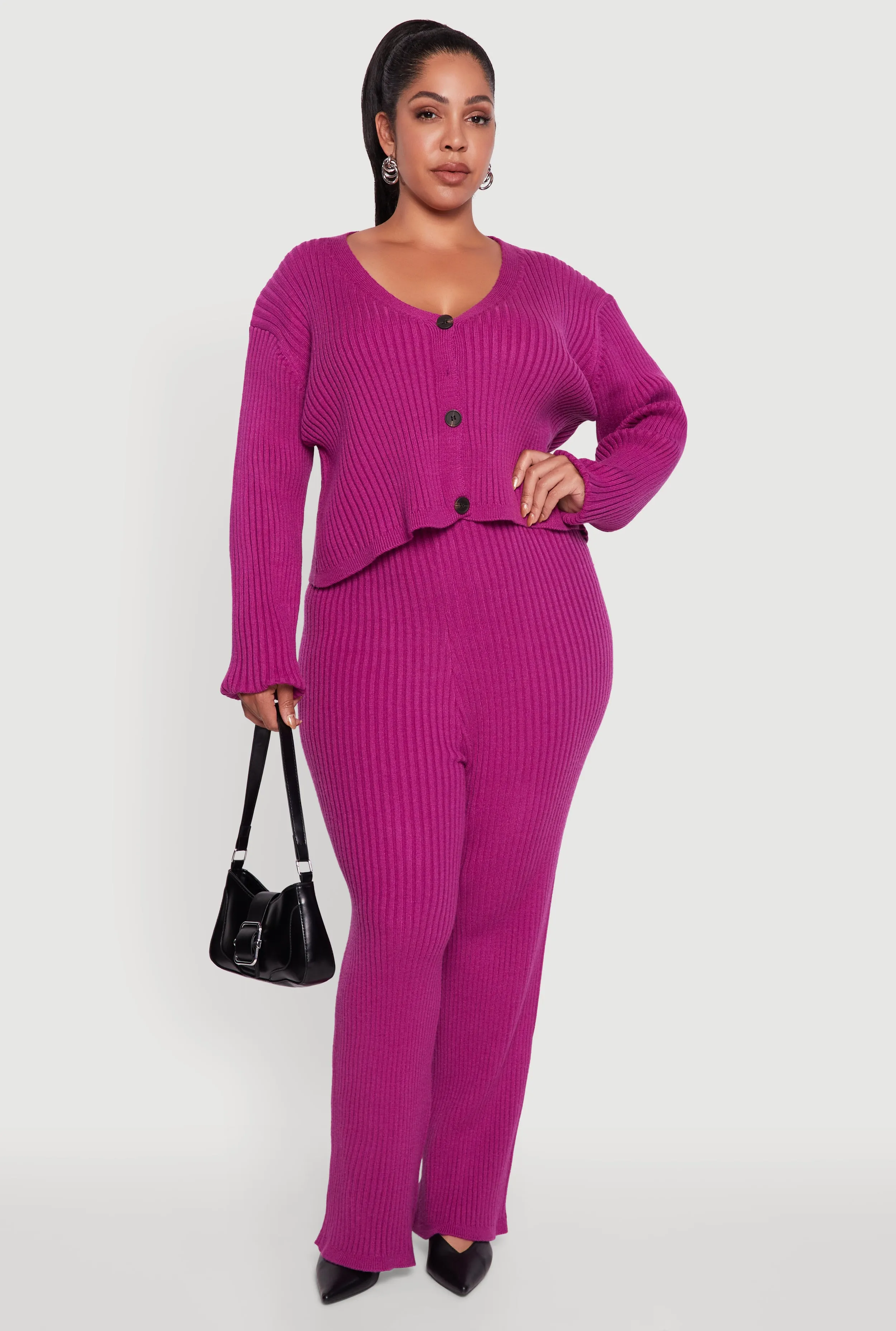 Plus Size Ribbed Knit V Neck Button Front Cardigan sold by Rainbow product image thumbnail 2
