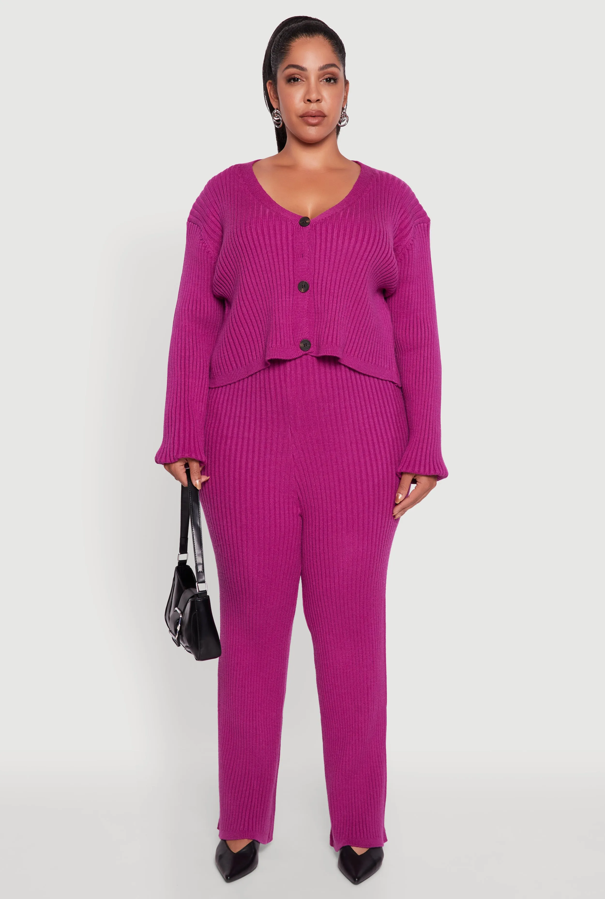 Plus Size Ribbed Knit V Neck Button Front Cardigan sold by Rainbow product image thumbnail 3