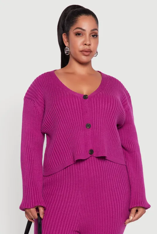 Plus Size Ribbed Knit V Neck Button Front Cardigan sold by Rainbow