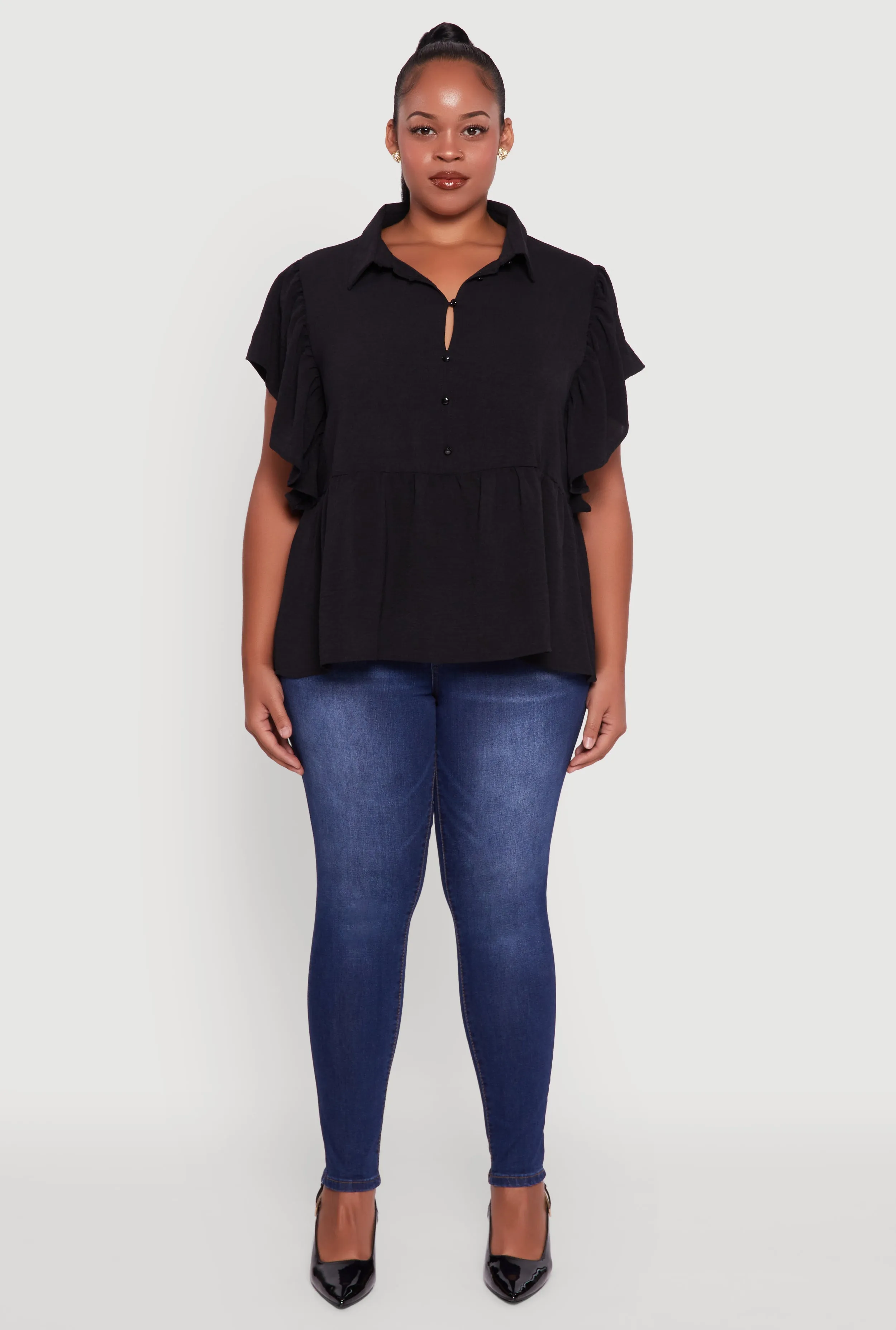 Plus Size Crepe Knit Button Front Peplum Blouse sold by Rainbow product image thumbnail 3