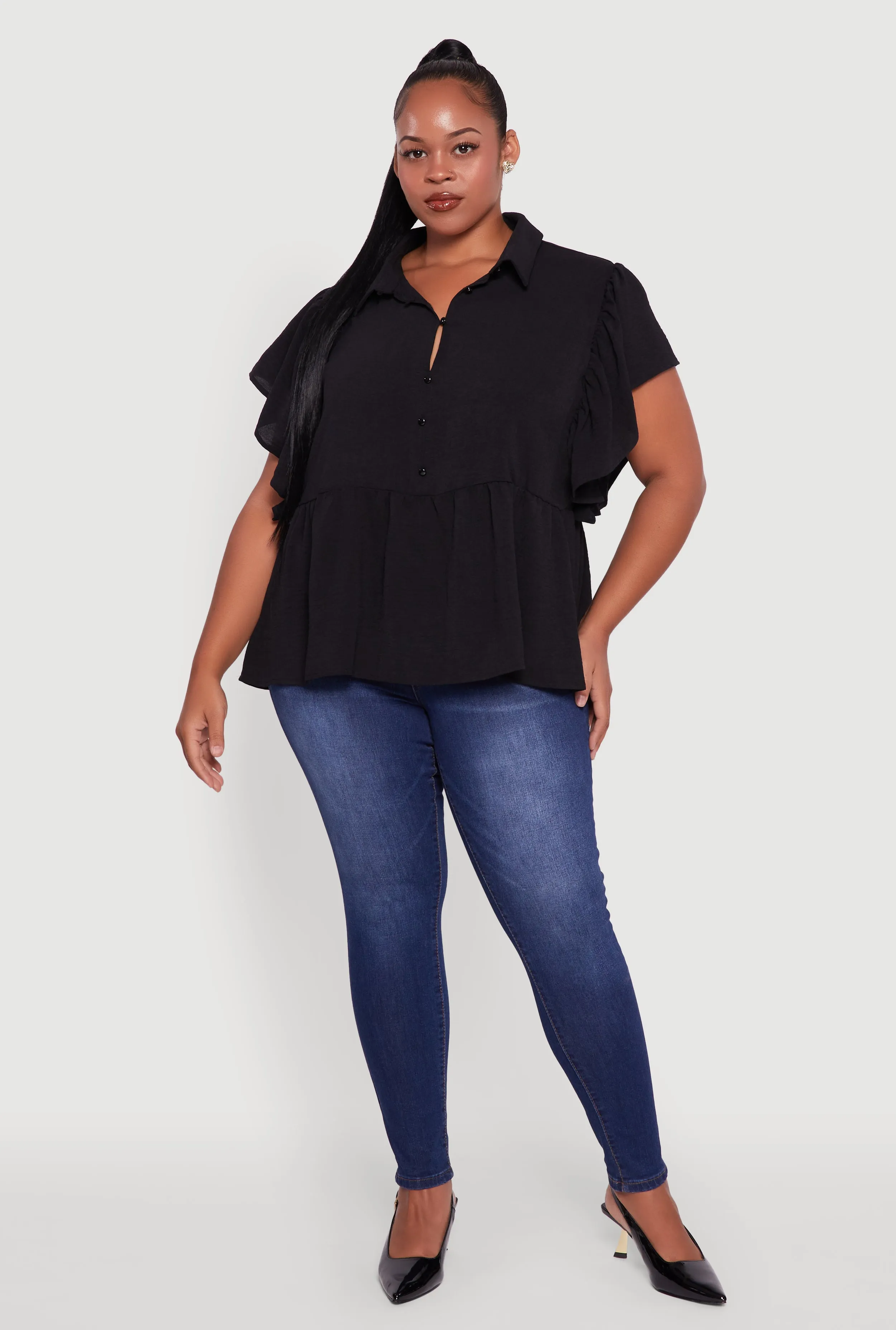 Plus Size Crepe Knit Button Front Peplum Blouse sold by Rainbow