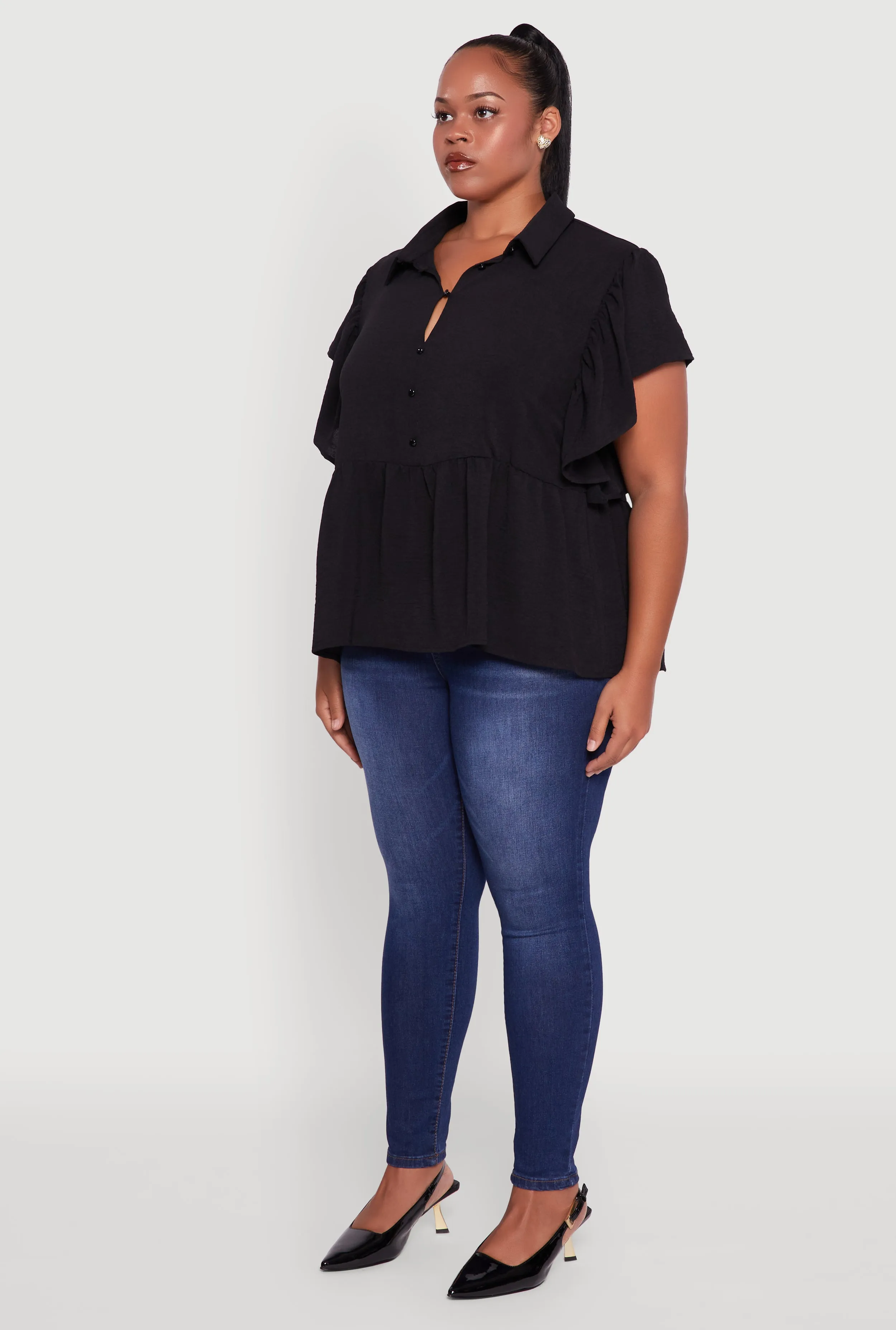 Plus Size Crepe Knit Button Front Peplum Blouse sold by Rainbow product image thumbnail 5