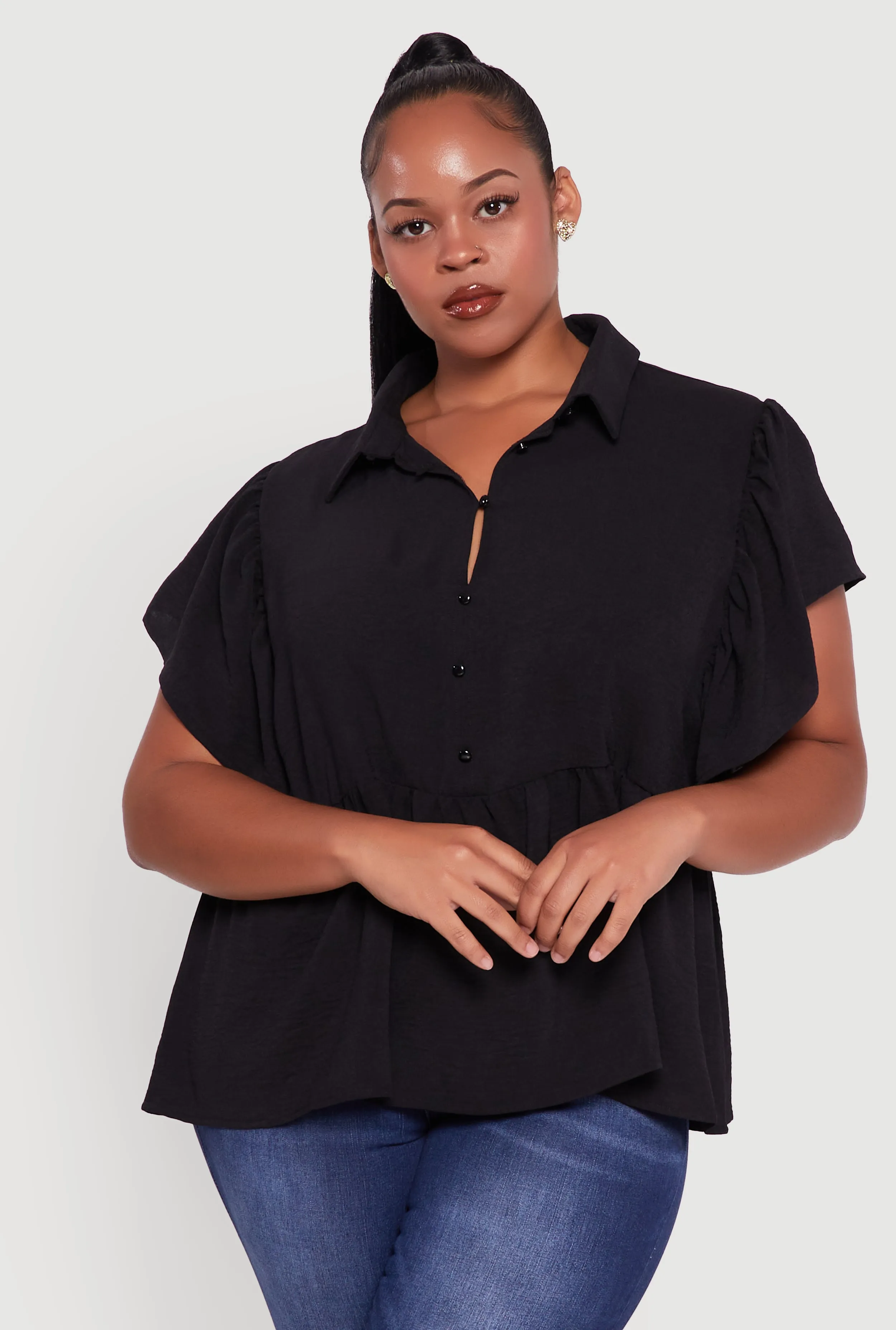 Plus Size Crepe Knit Button Front Peplum Blouse sold by Rainbow product image thumbnail 2