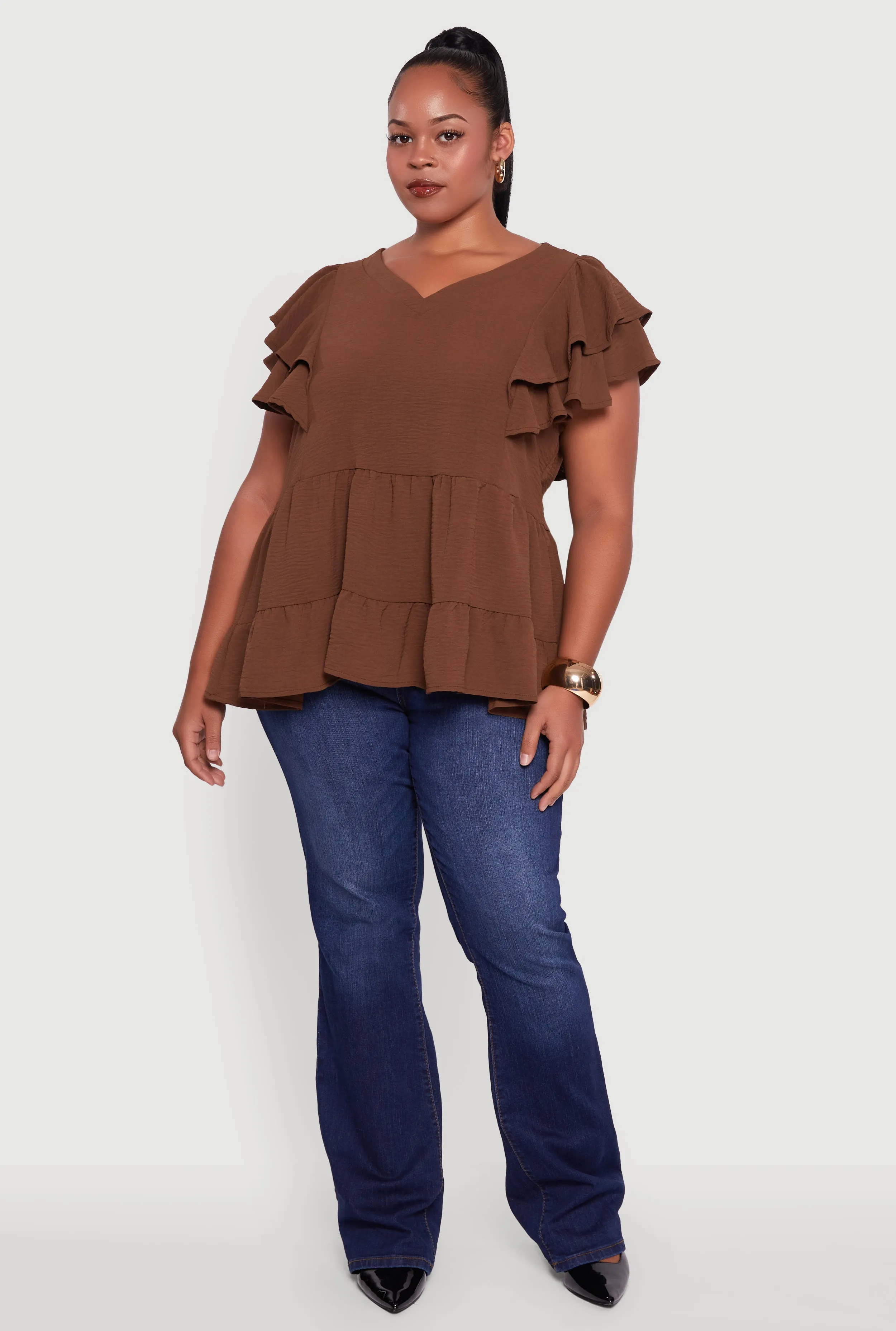 Plus Size Crepe Knit V-Neck Ruffle Tiered Blouse sold by Rainbow