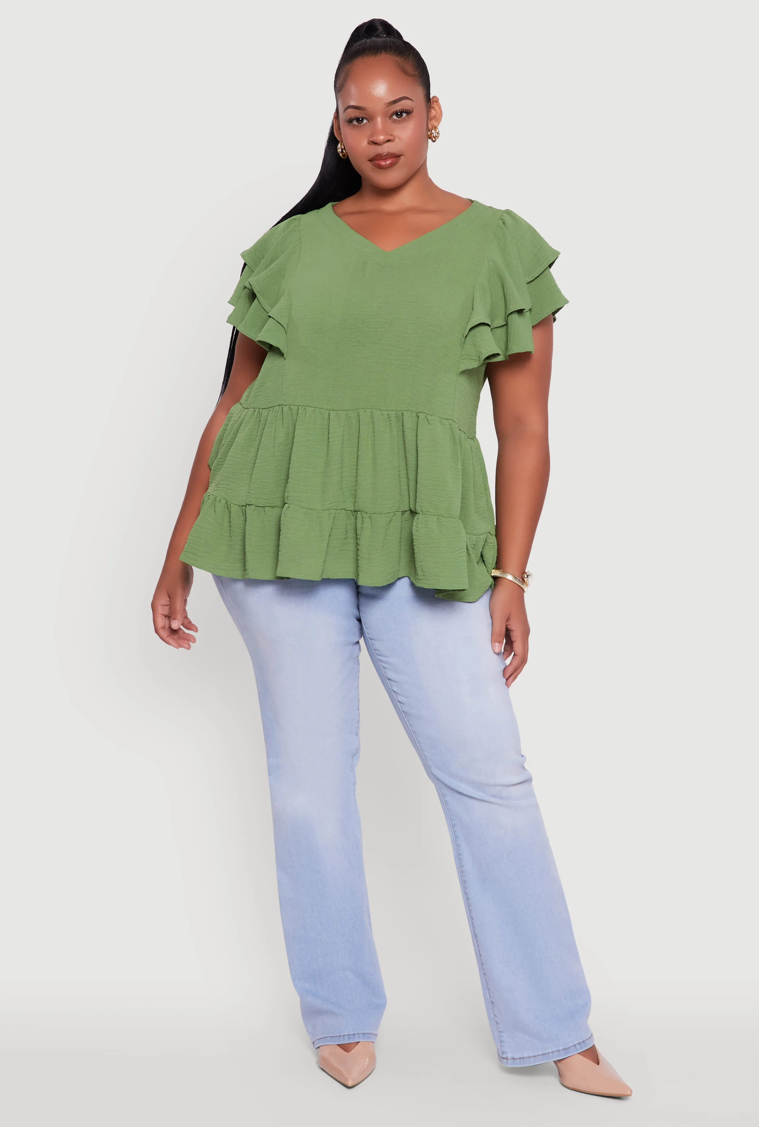 Plus Size Crepe Knit V-Neck Ruffle Tiered Blouse sold by Rainbow product image thumbnail 4