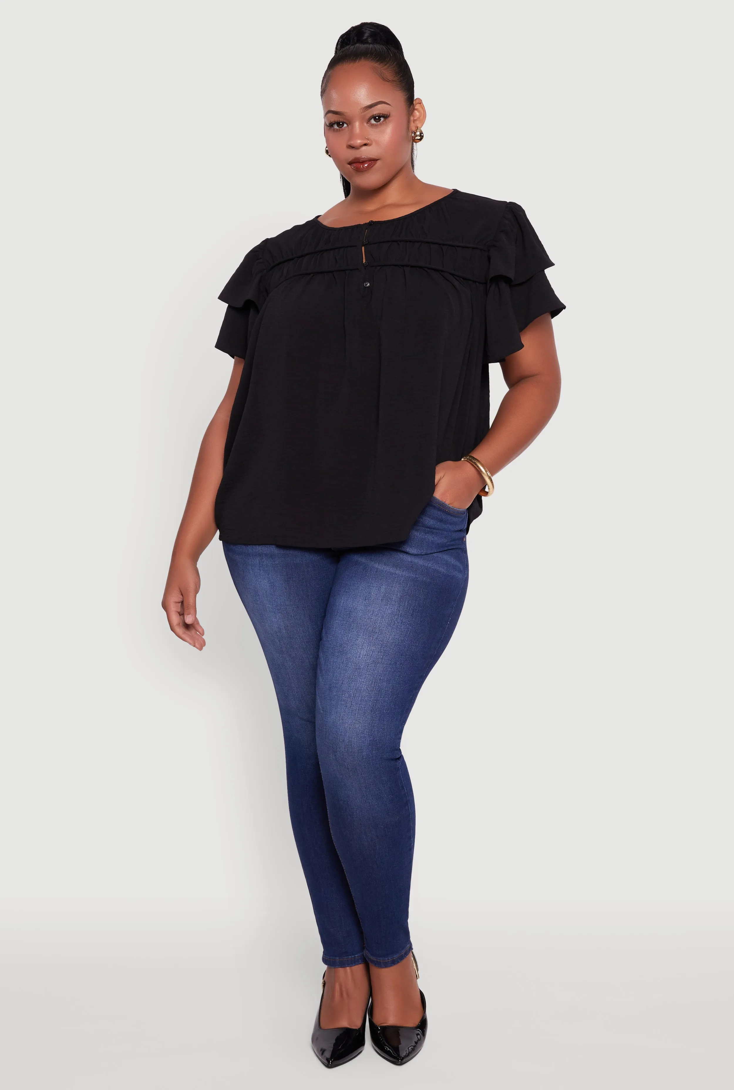 Plus Size Crepe Knit Peasant Blouse sold by Rainbow