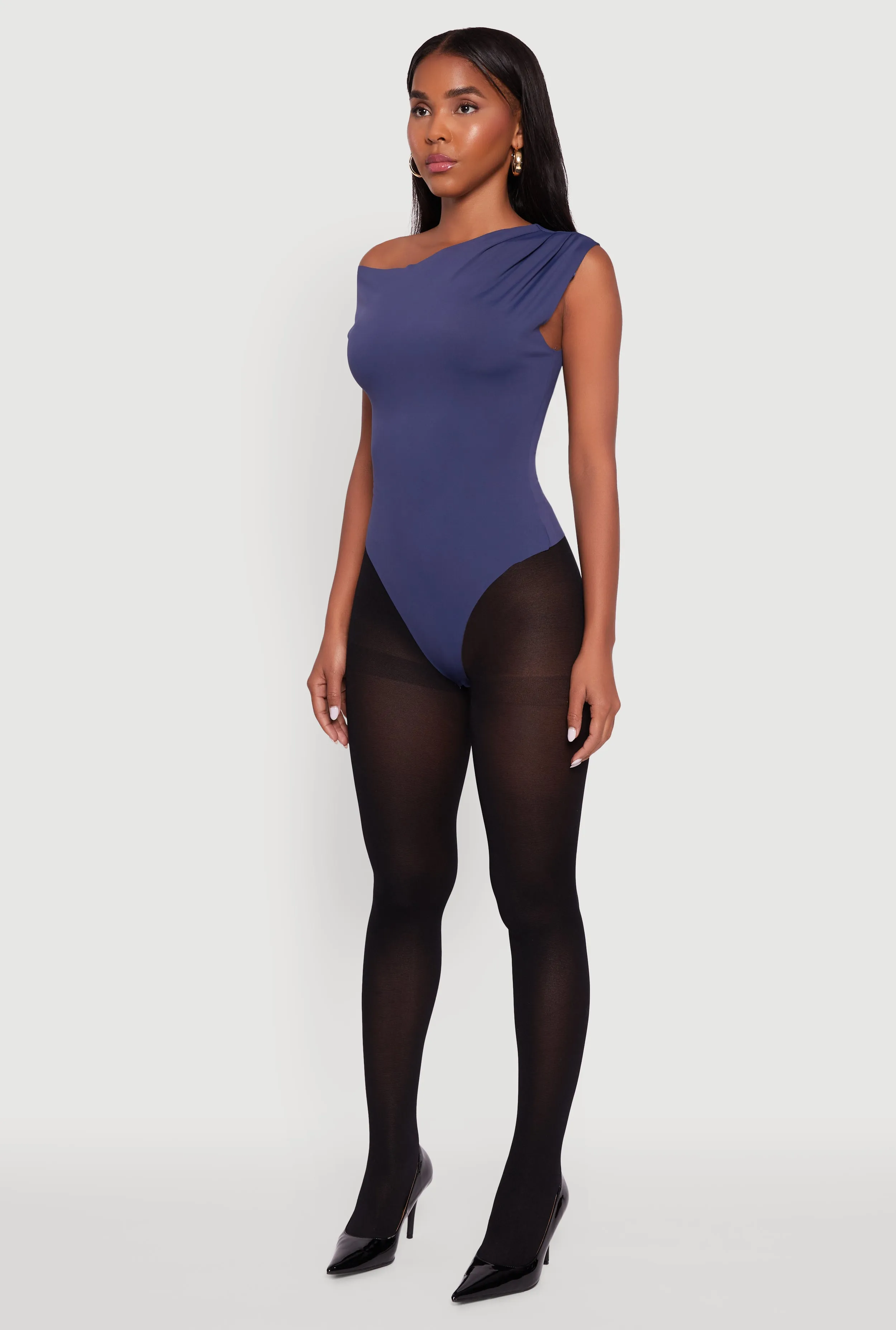 Trendy Asymmetrical Shoulder Ruched Bodysuit sold by Rainbow product image thumbnail 5
