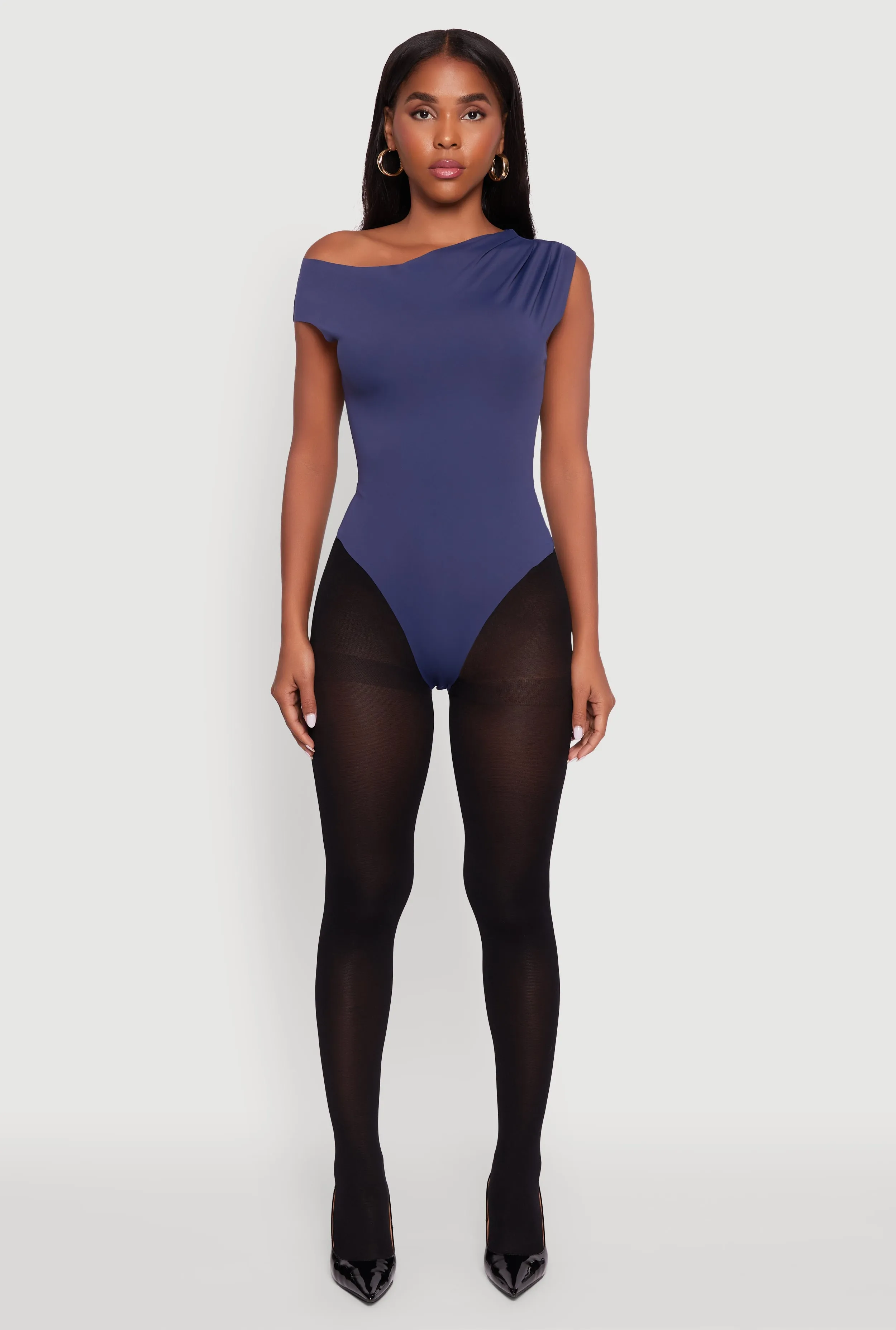 Trendy Asymmetrical Shoulder Ruched Bodysuit sold by Rainbow product image thumbnail 3