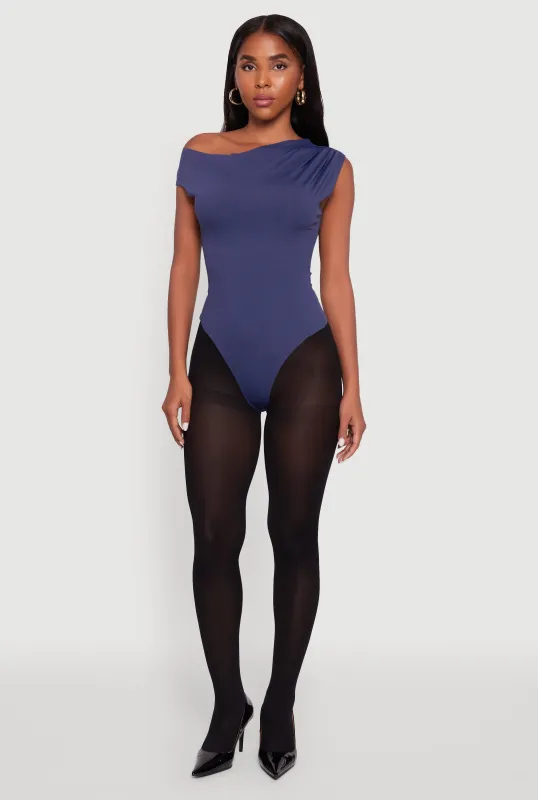 Trendy Asymmetrical Shoulder Ruched Bodysuit made by Rainbow