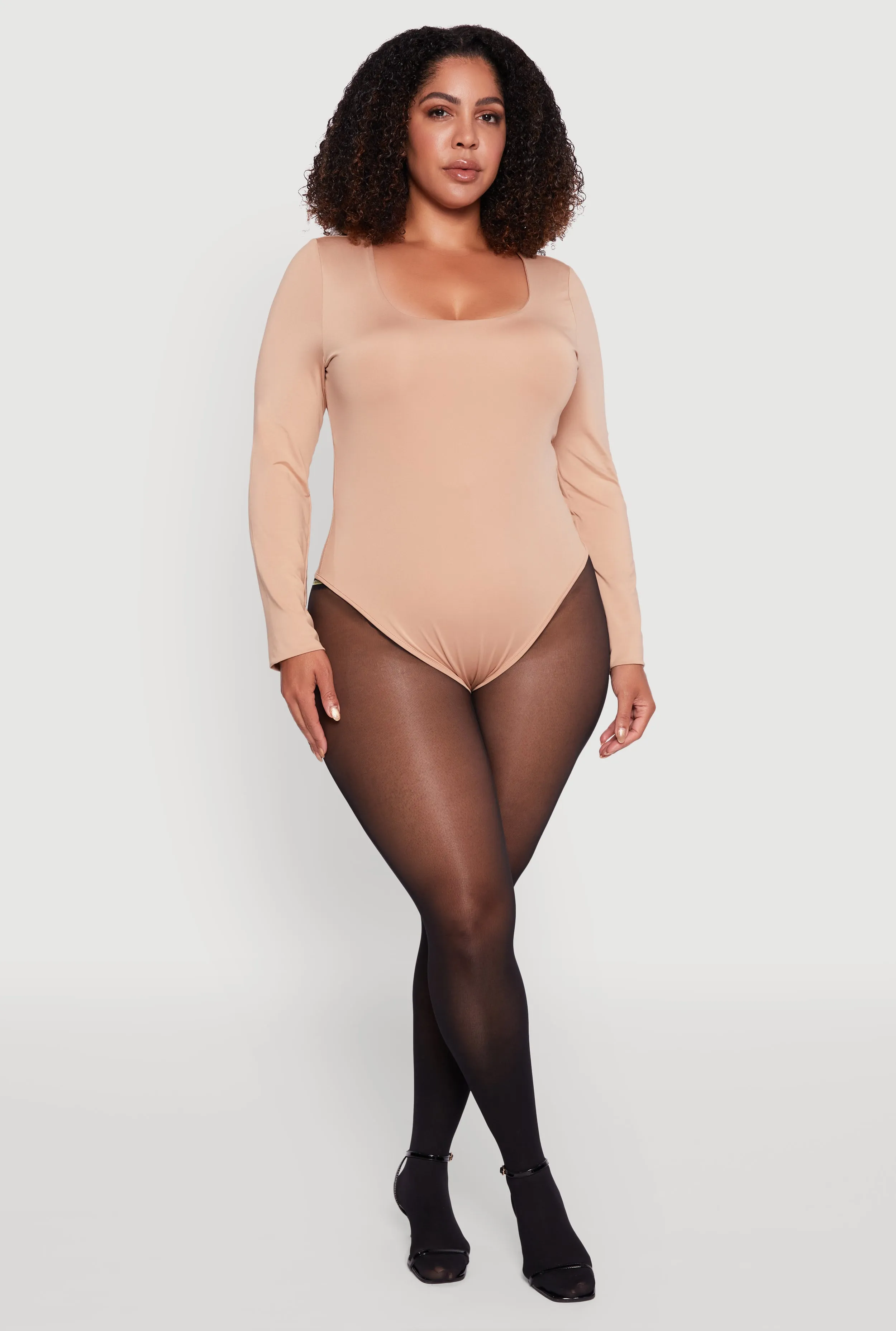 Plus Size Solid Scoop Neck Long Sleeve Bodysuit sold by Rainbow