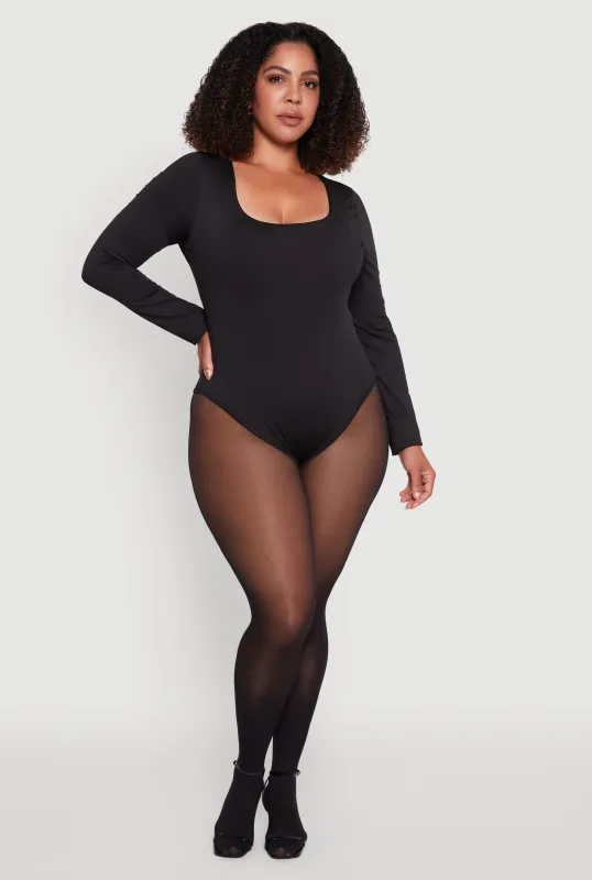 Plus Size Solid Scoop Neck Long Sleeve Bodysuit sold by Rainbow