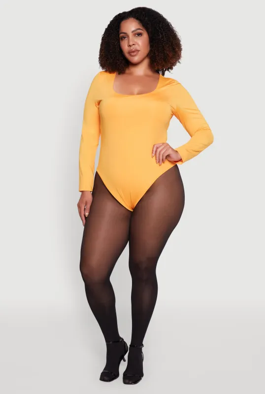 Plus Size Solid Scoop Neck Long Sleeve Bodysuit sold by Rainbow