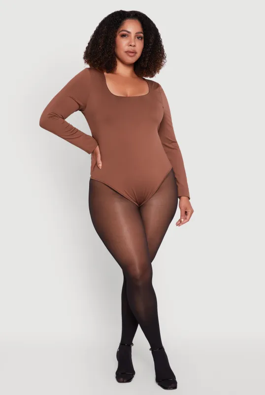 Plus Size Solid Scoop Neck Long Sleeve Bodysuit sold by Rainbow